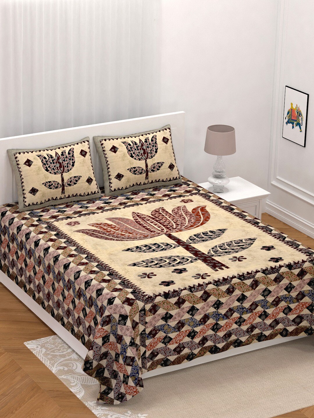 

UNIQCHOICE Yellow & Brown Ethnic Motifs Pure Cotton 210 TC King Bedsheet & 2 Pillow Covers