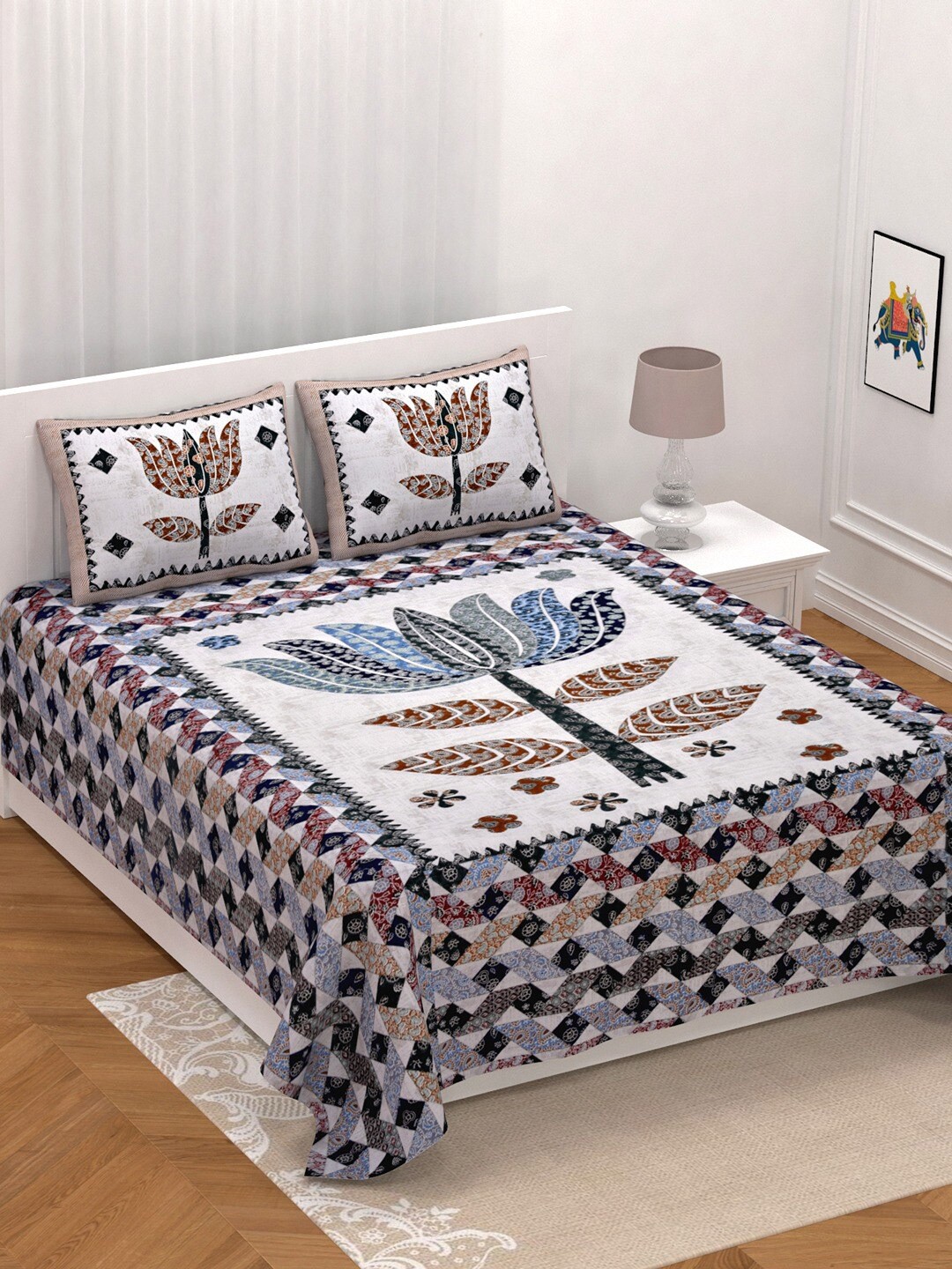 

UNIQCHOICE Grey & Blue Ethnic Motifs Pure Cotton 210 TC King Bedsheet With 2 Pillow Covers