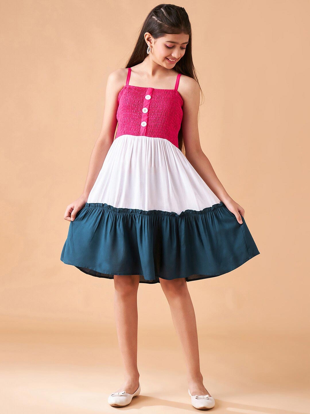 

Cherry & Jerry Girls Colourblocked Smocked Detailed Fit & Flare Dress, Pink