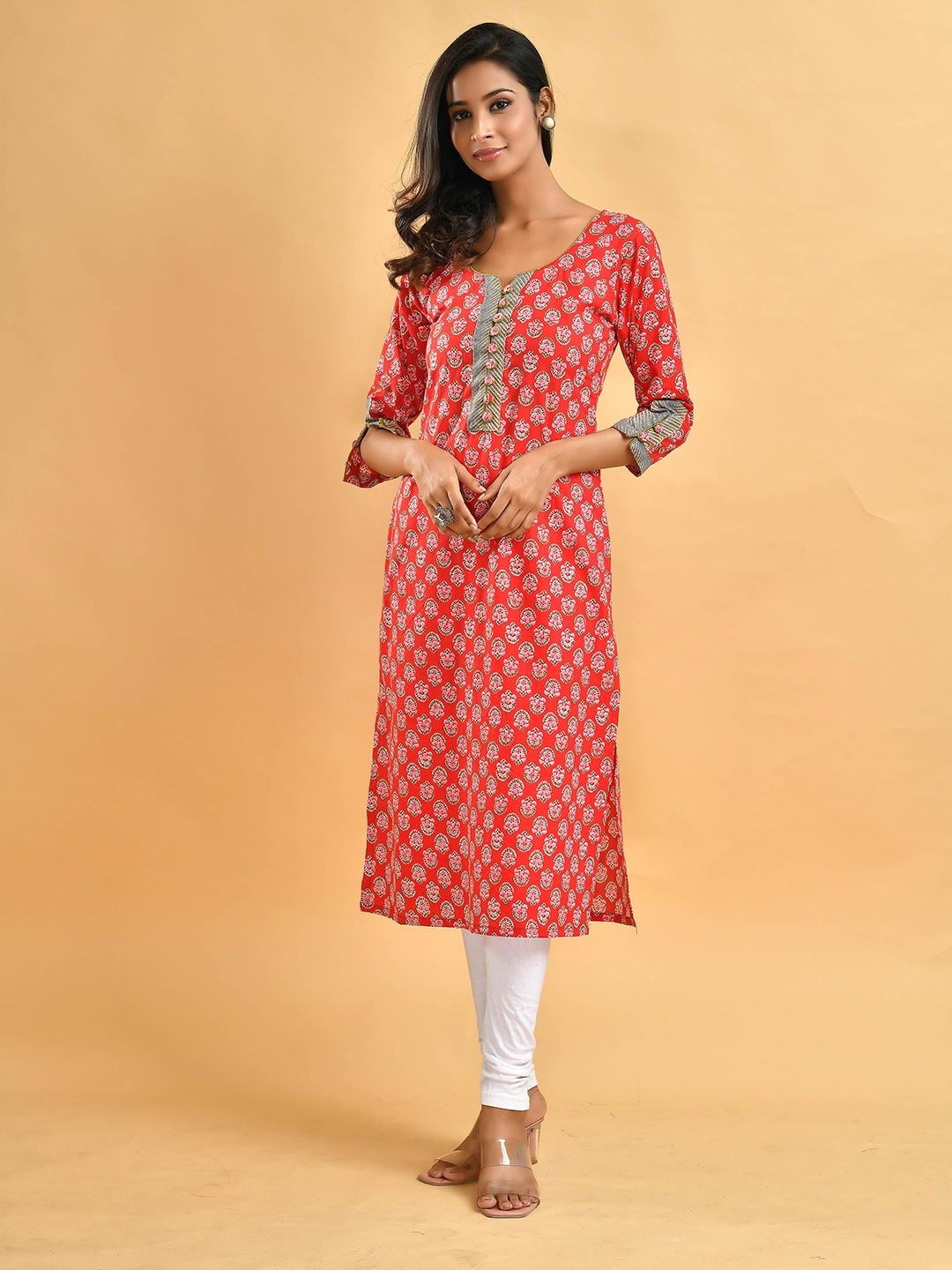 

Disli Motifs Printed Pure Cotton Calf Length Kurta, Red