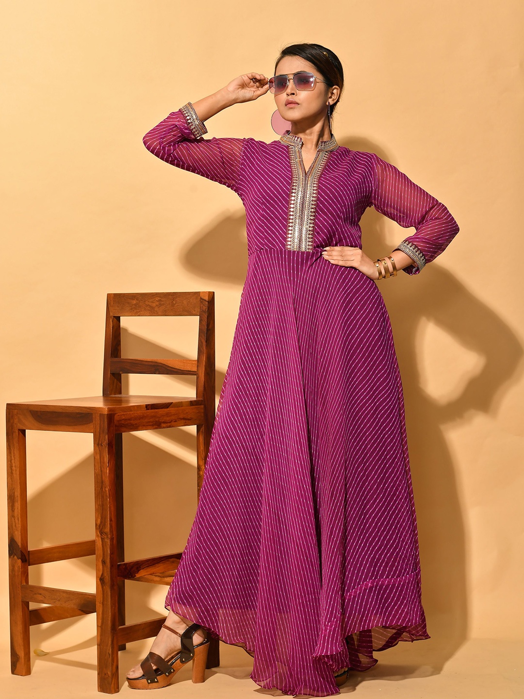 

Disli Leheriya Printed Gotta Patti Georgette Anarkali Kurta, Purple