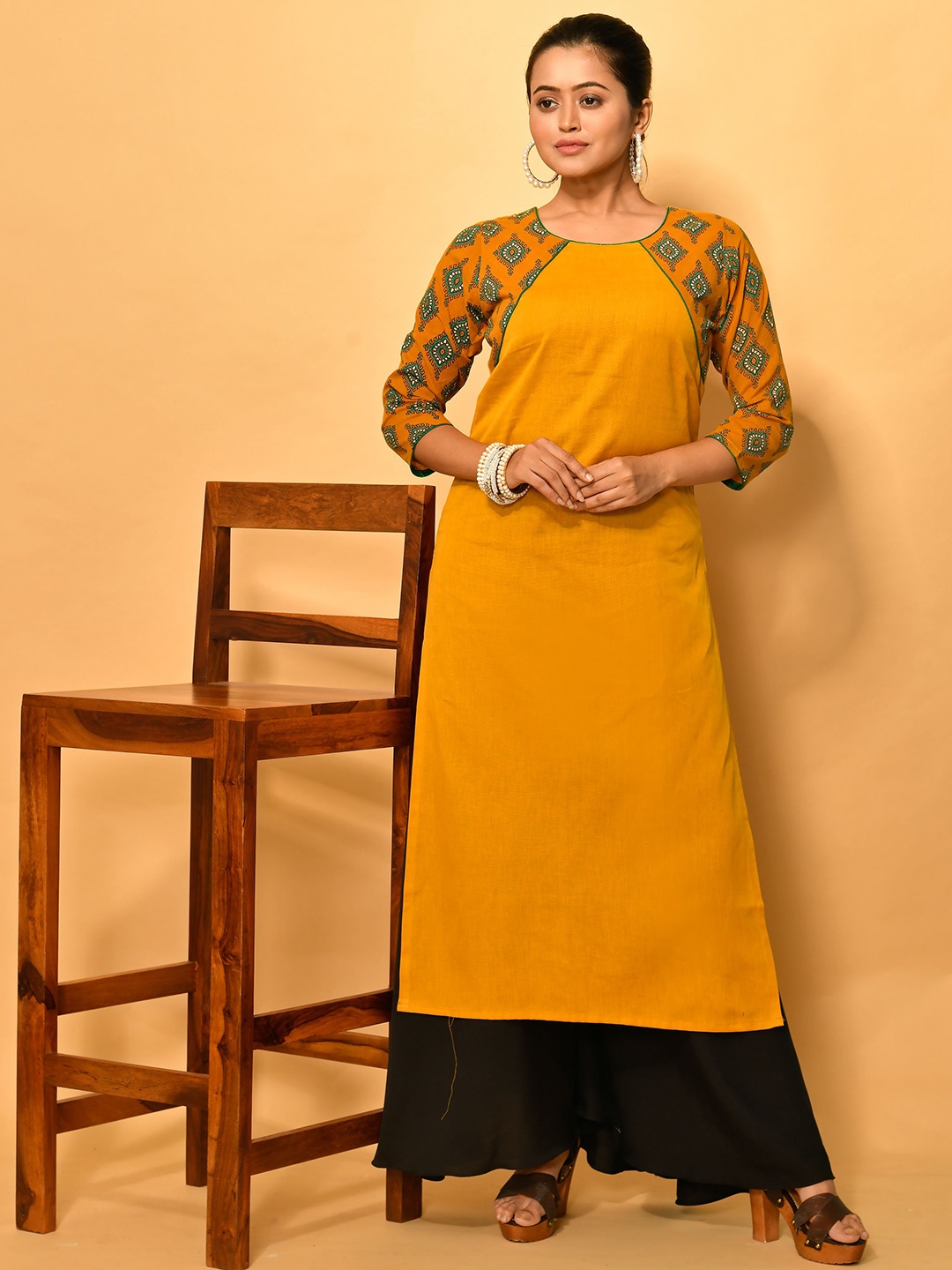 

Disli Ethnic Motifs Printed Cotton Straight Kurta, Mustard