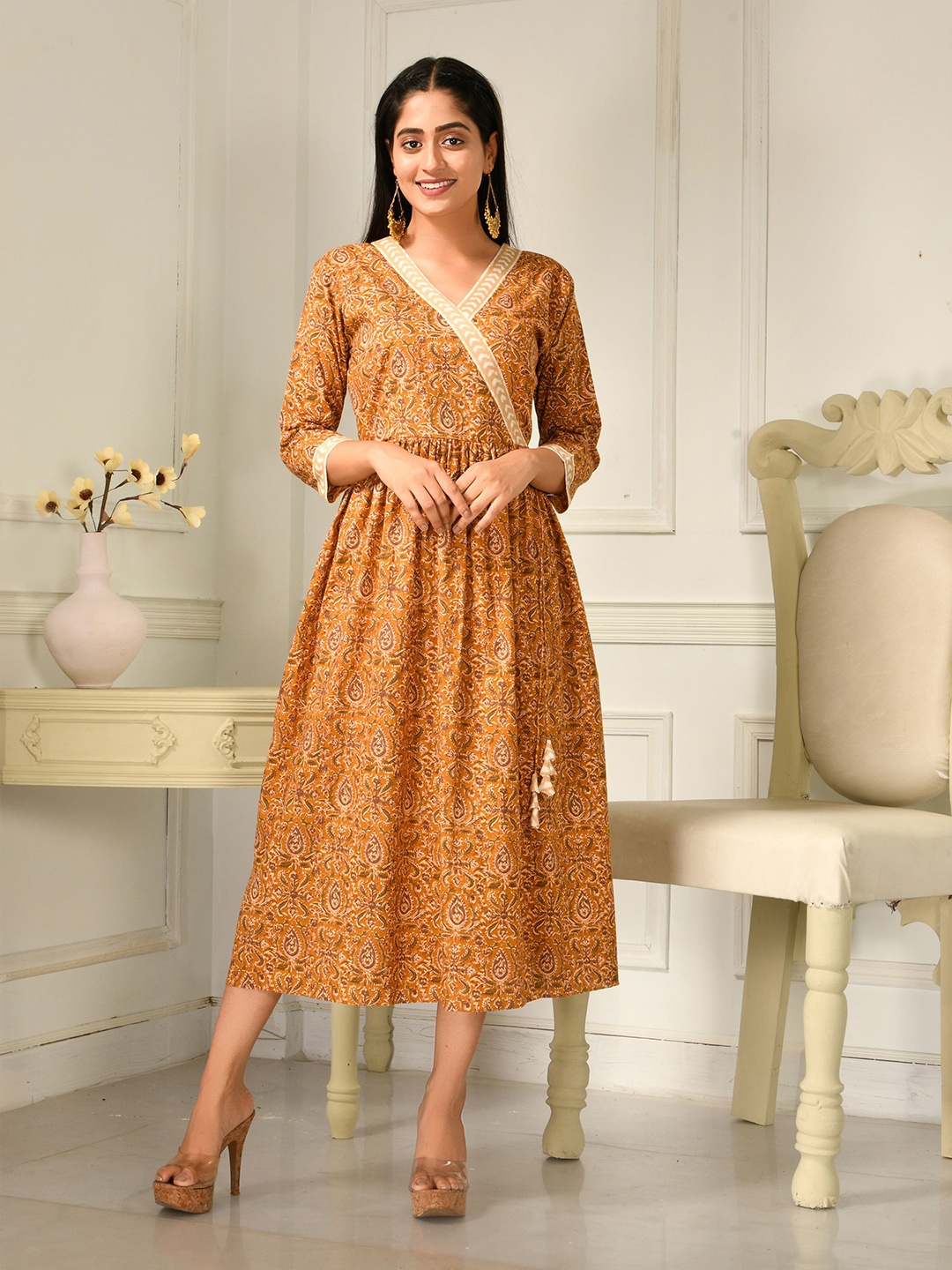 

Disli Kalamkari Printed Pure Cotton Angrakha Style A-Line Ethnic Dress, Brown