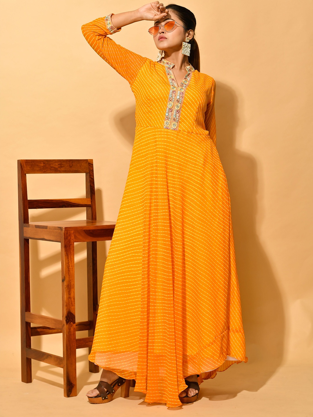 

Disli Women Mustard Yellow Leheriya Printed Georgette Anarkali Kurta