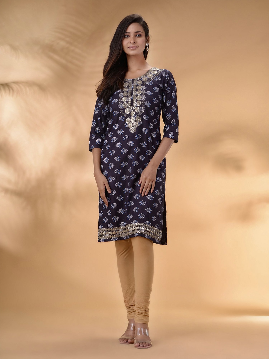 

Disli Ethnic Motifs Printed Pure Cotton Sequinned Kurta, Blue