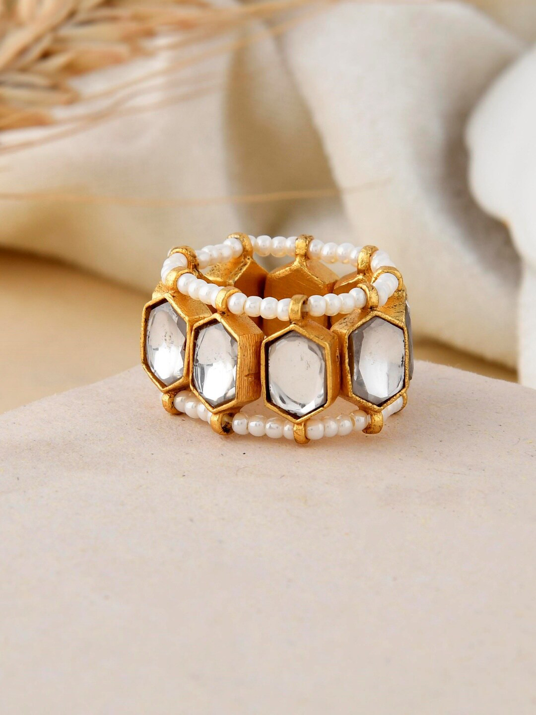 

Ishhaara Brass-Plated Classic Polki Stone-Studded Finger Ring, Gold