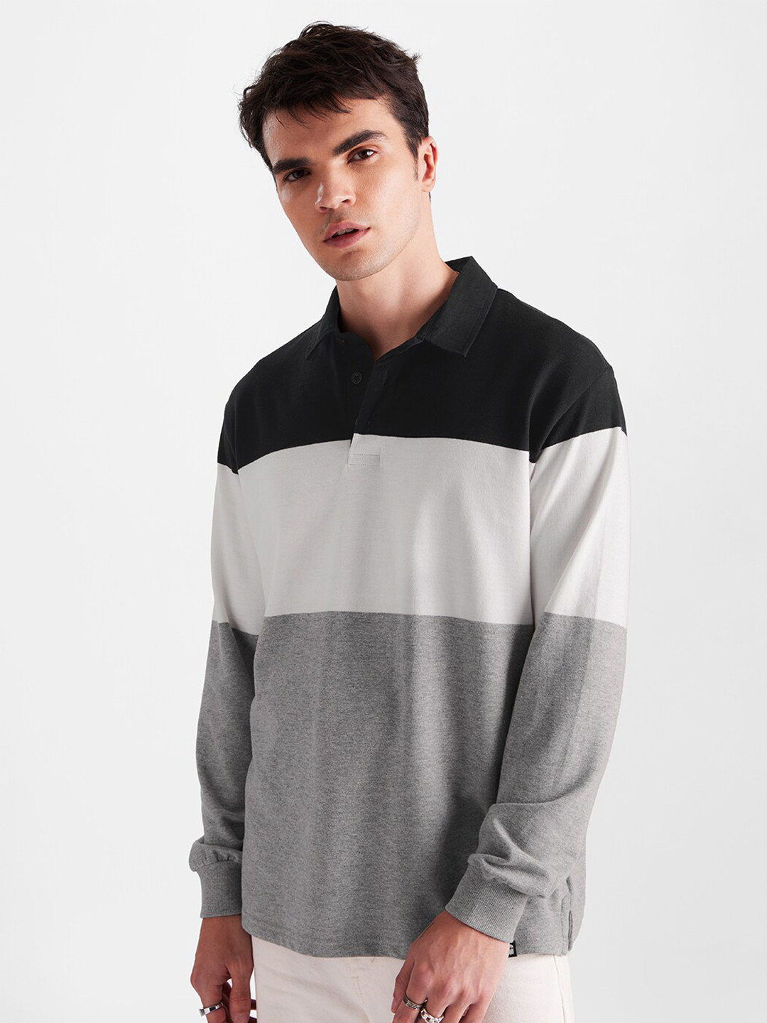 

The Souled Store Grey & White Colourblocked Polo Collar Cotton T-shirt