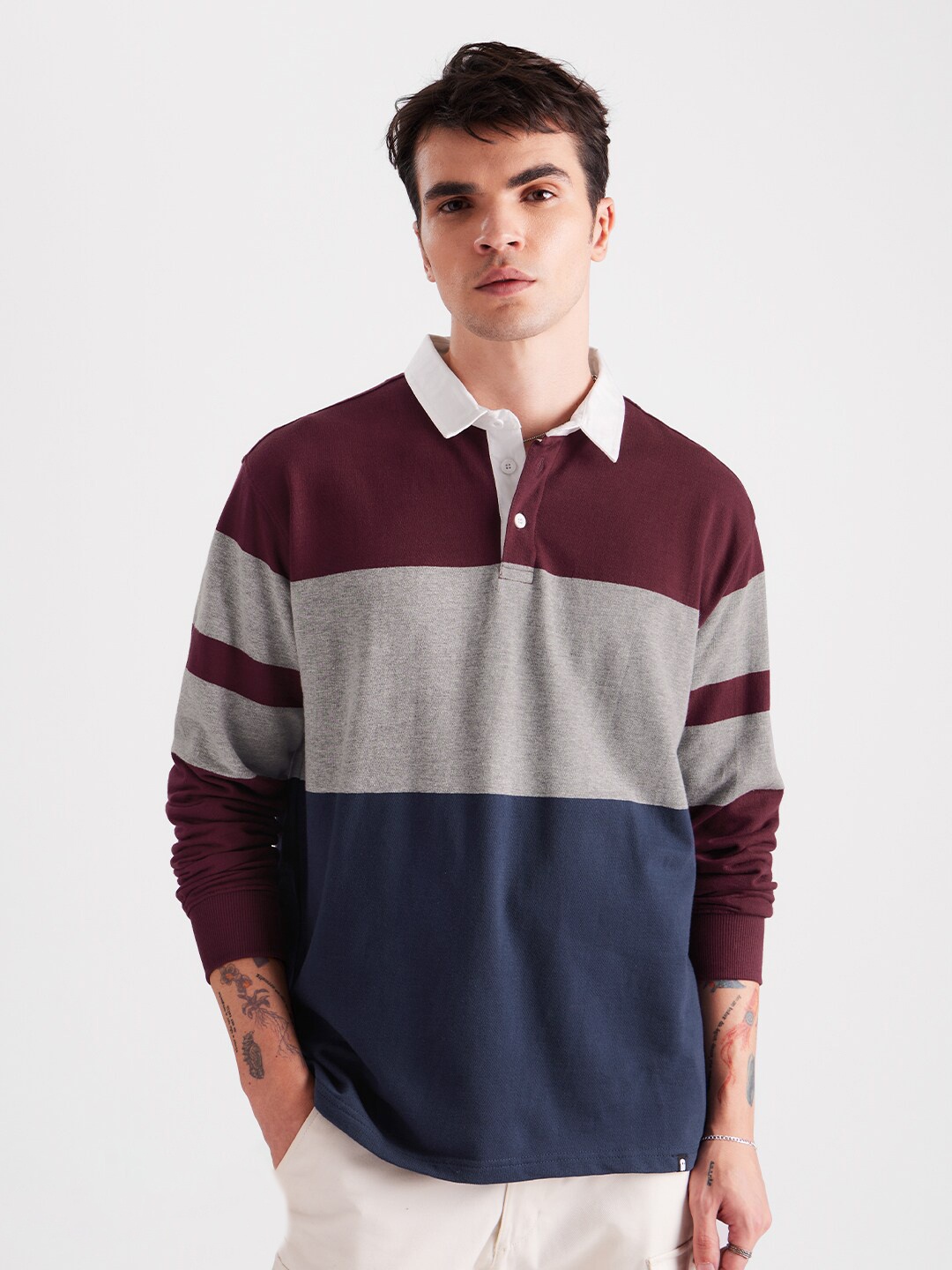

The Souled Store Navy Blue Colourblocked Polo Collar Cotton T-shirt