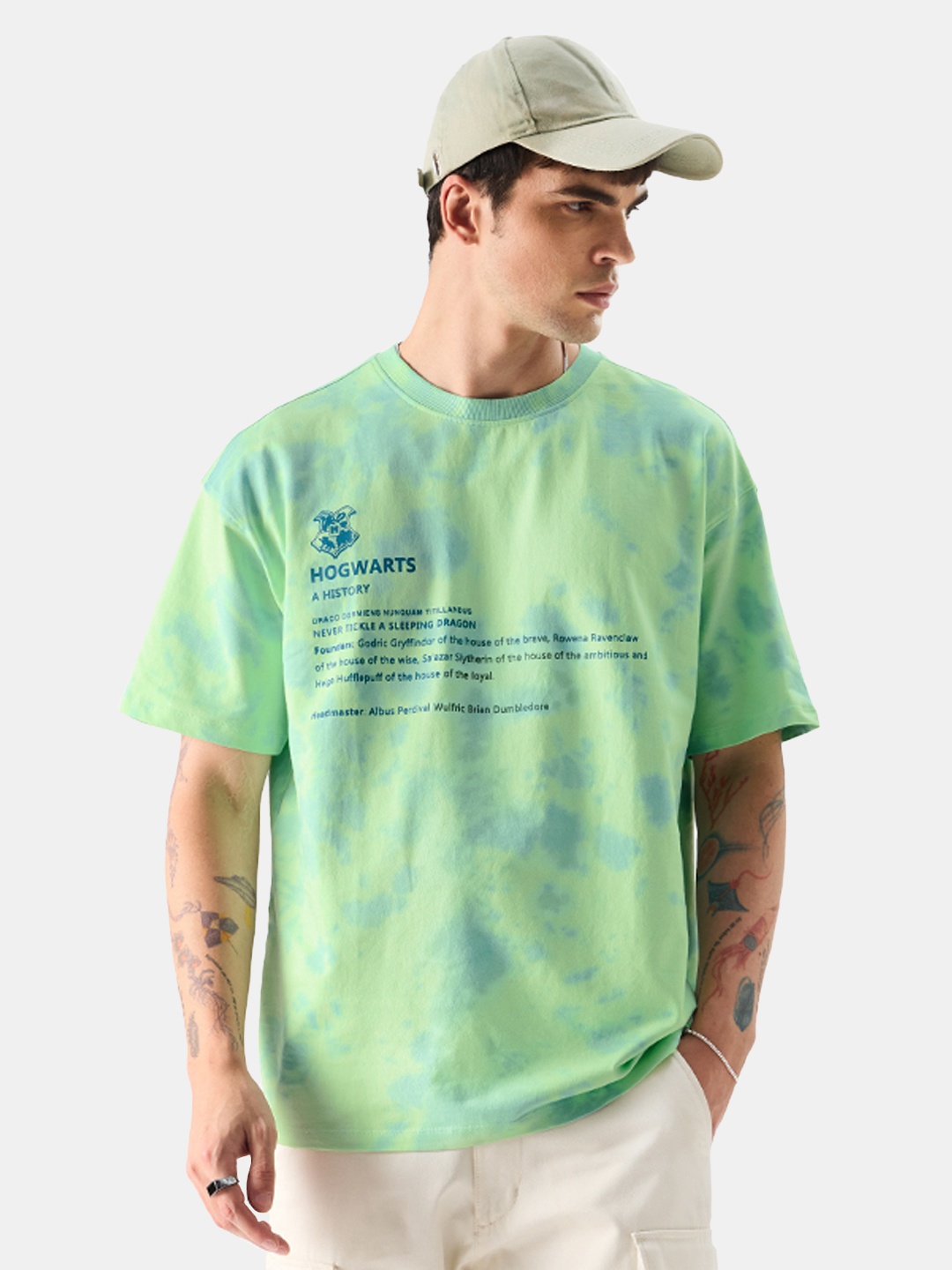 

The Souled Store Green Oversized Typography Printed Raw Edge Cotton T-shirt