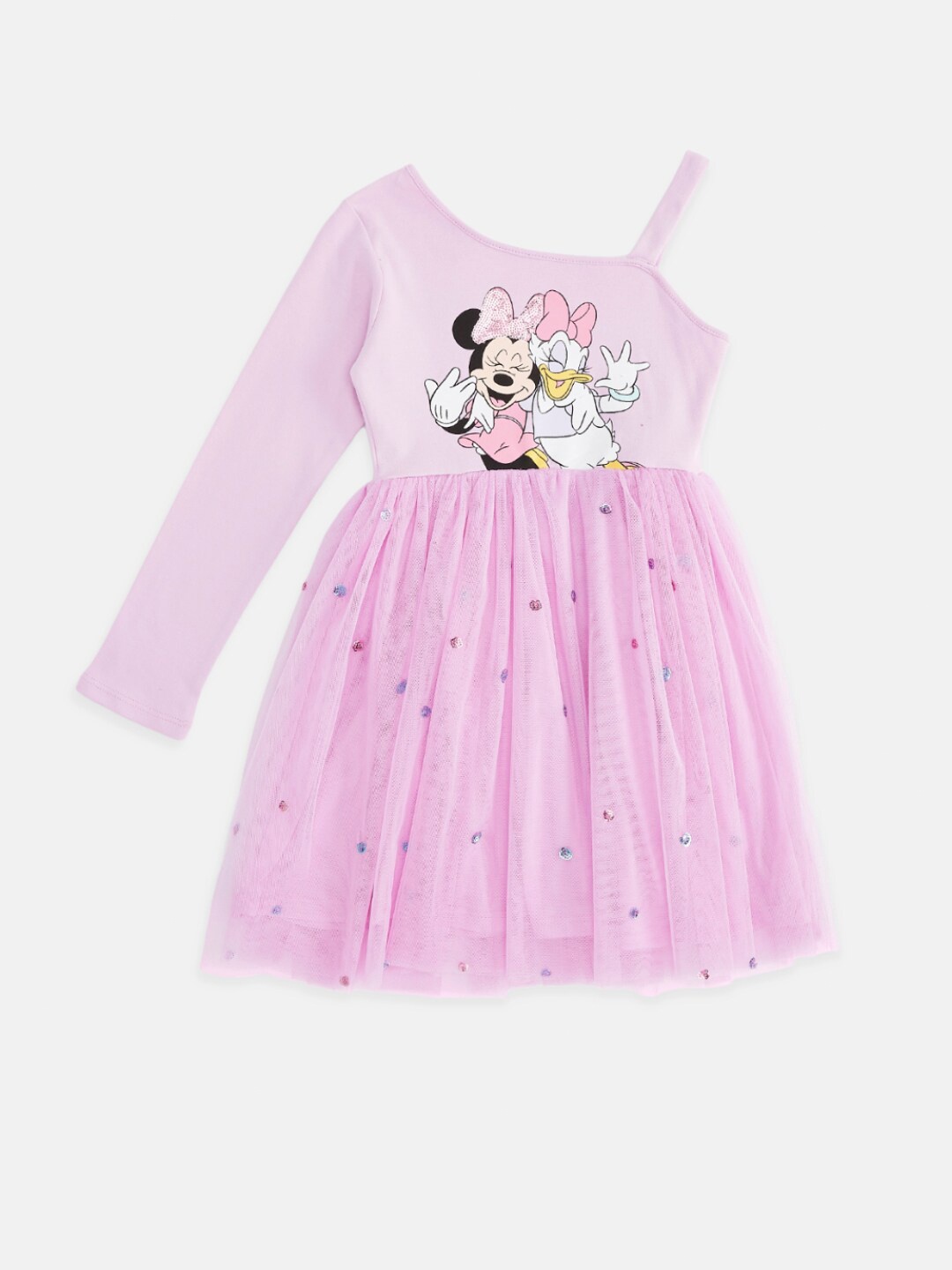 

Pantaloons Junior Girls Minnie Mouse & Donald Duck Printed Cotton Fit & Flare Dress, Lavender