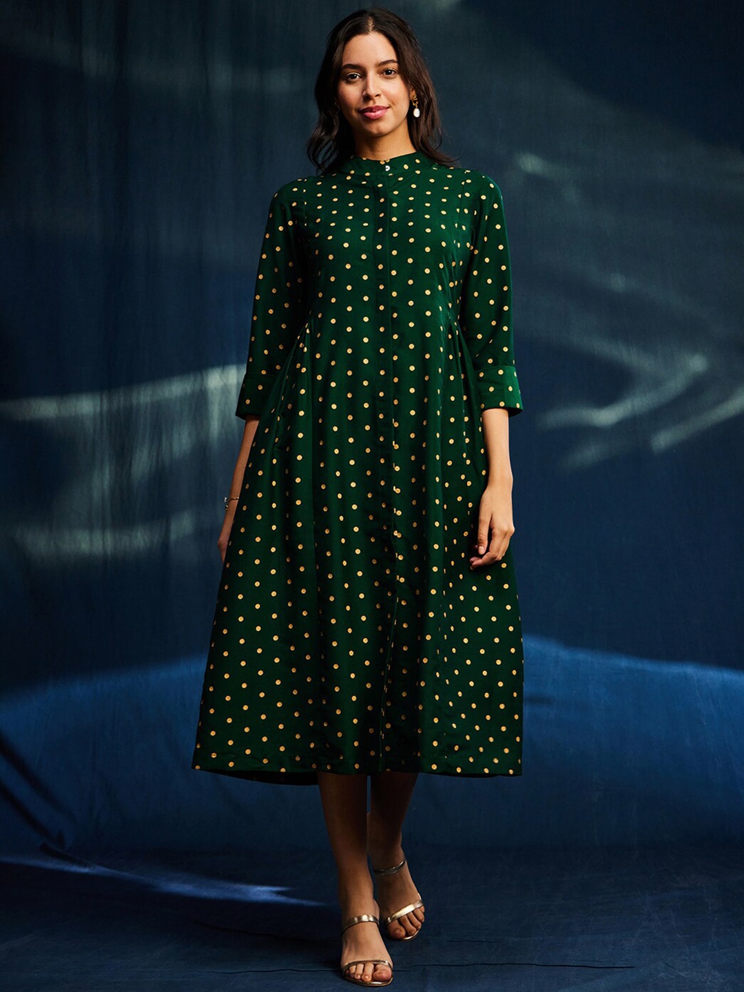 

Pink Fort Polka Dots Printed Mandarin Collar Silk Dress, Green