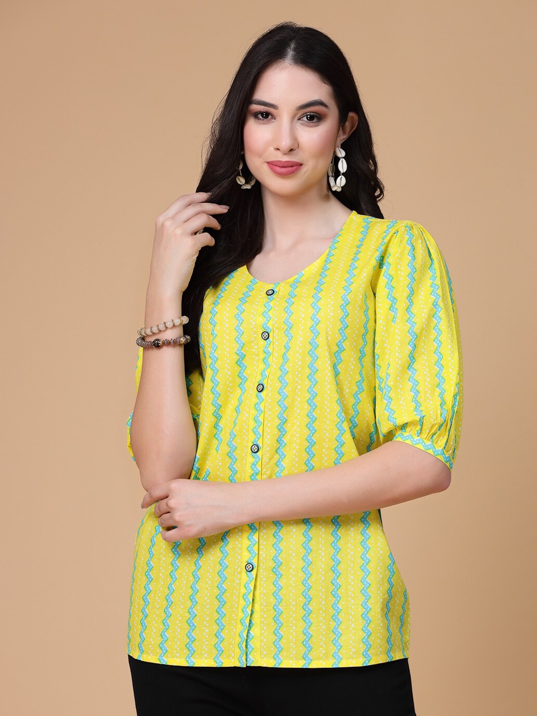 

God Bless Striped Puff Sleeve Cotton Top, Yellow