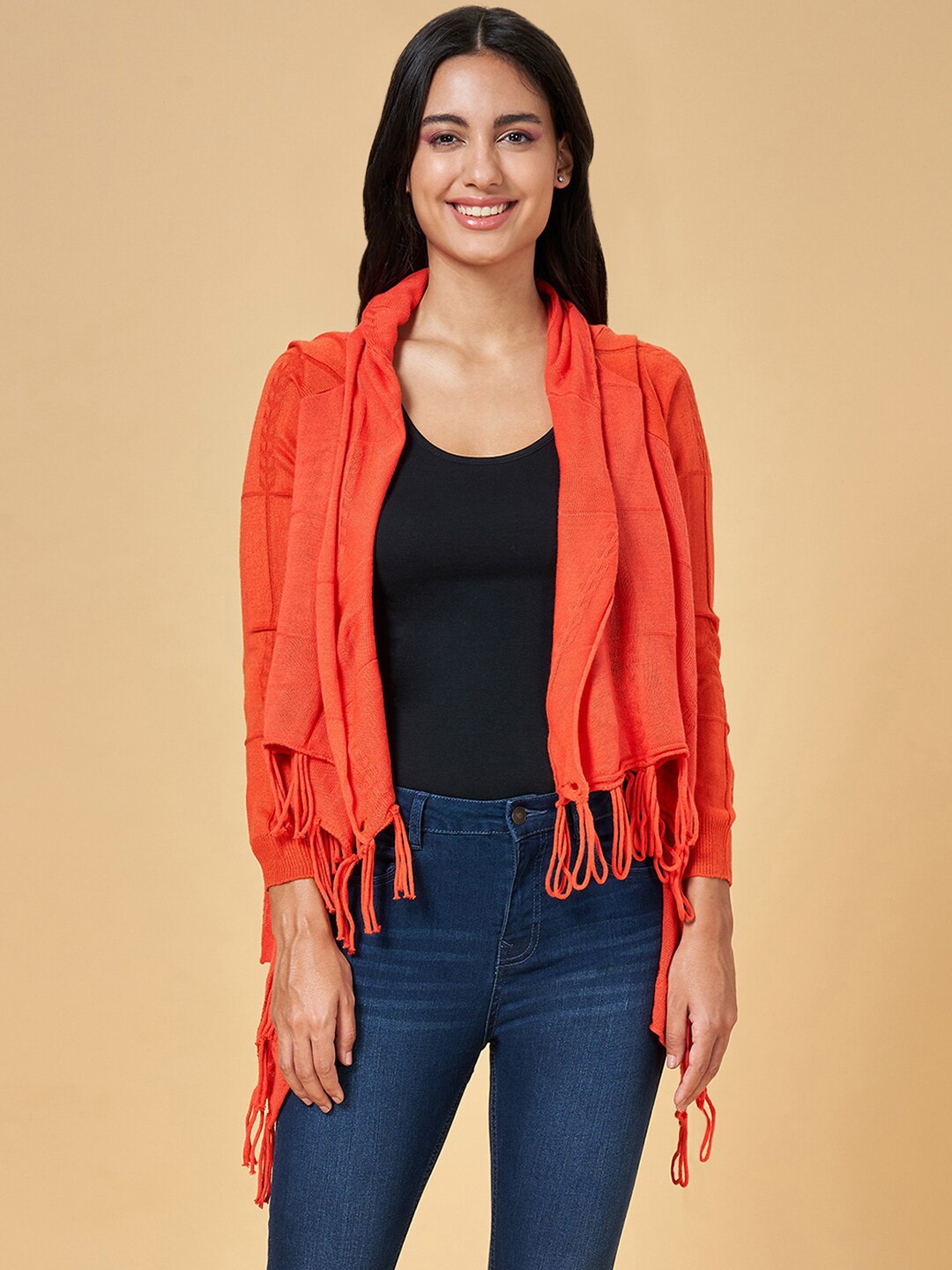

People Self Design Acrylic Open Front Jacket, Orange