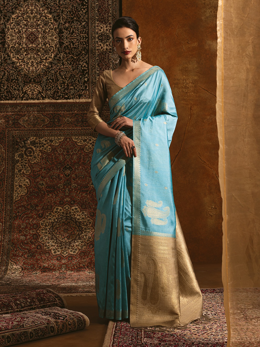 

Soch Woven Design Zari Silk Blend Tussar Saree, Turquoise blue