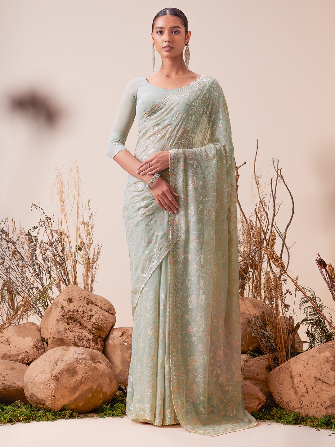 

Soch Embellished Sequinned Saree, Green