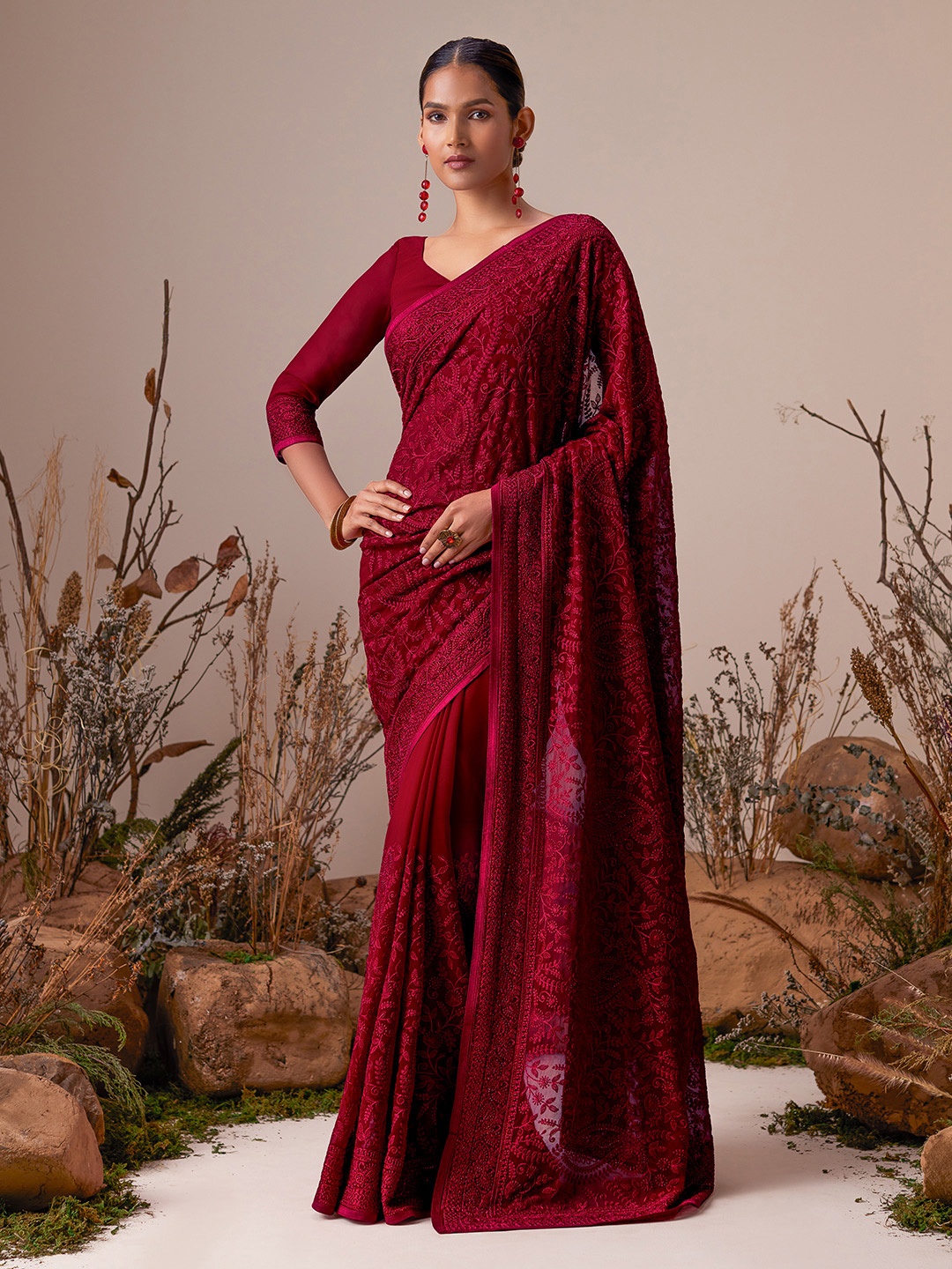 

Soch Floral Embroidered Saree, Fuchsia