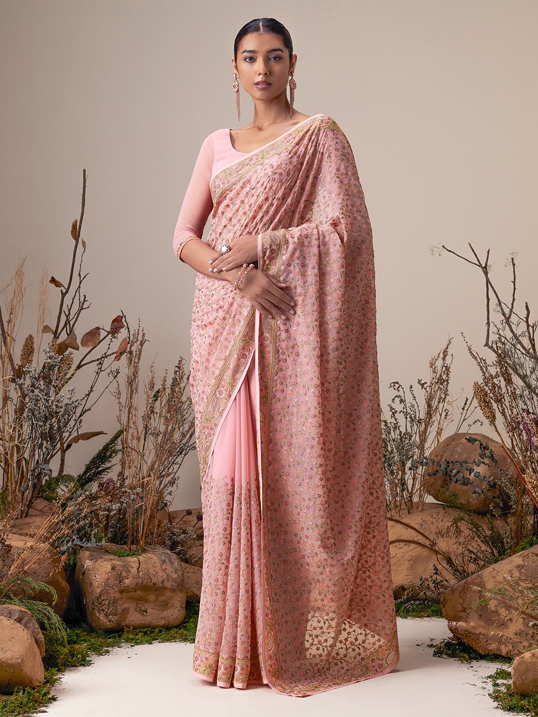 

Soch Floral Embroidered Saree, Peach