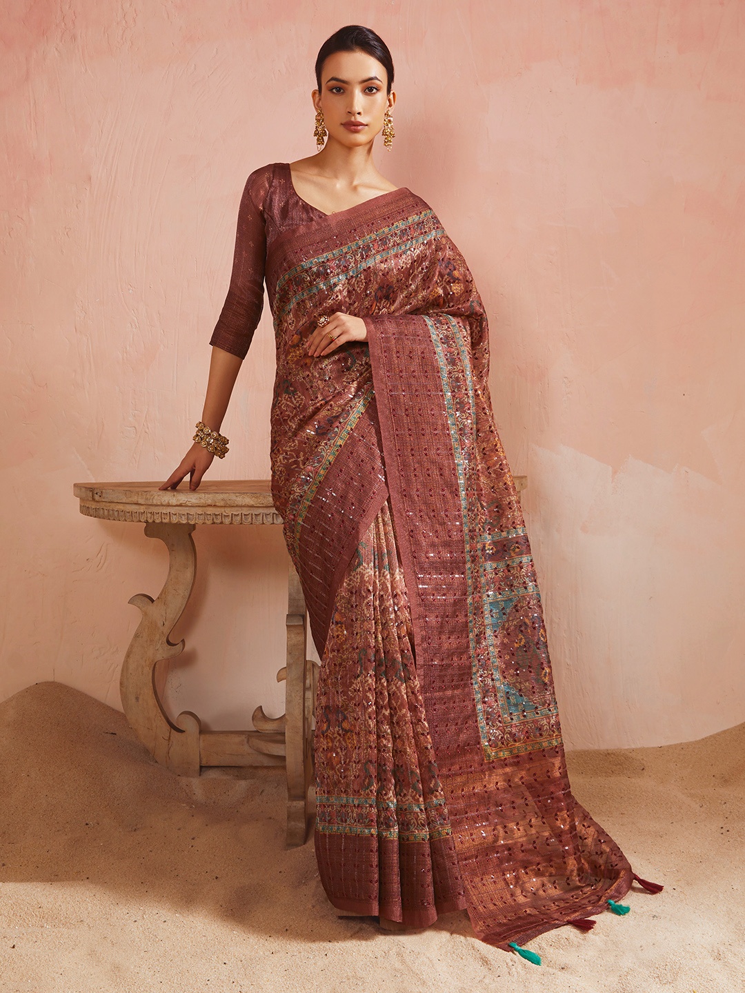 

Soch Ethnic Motifs Printed Sequinned Pochampally Saree, Rust
