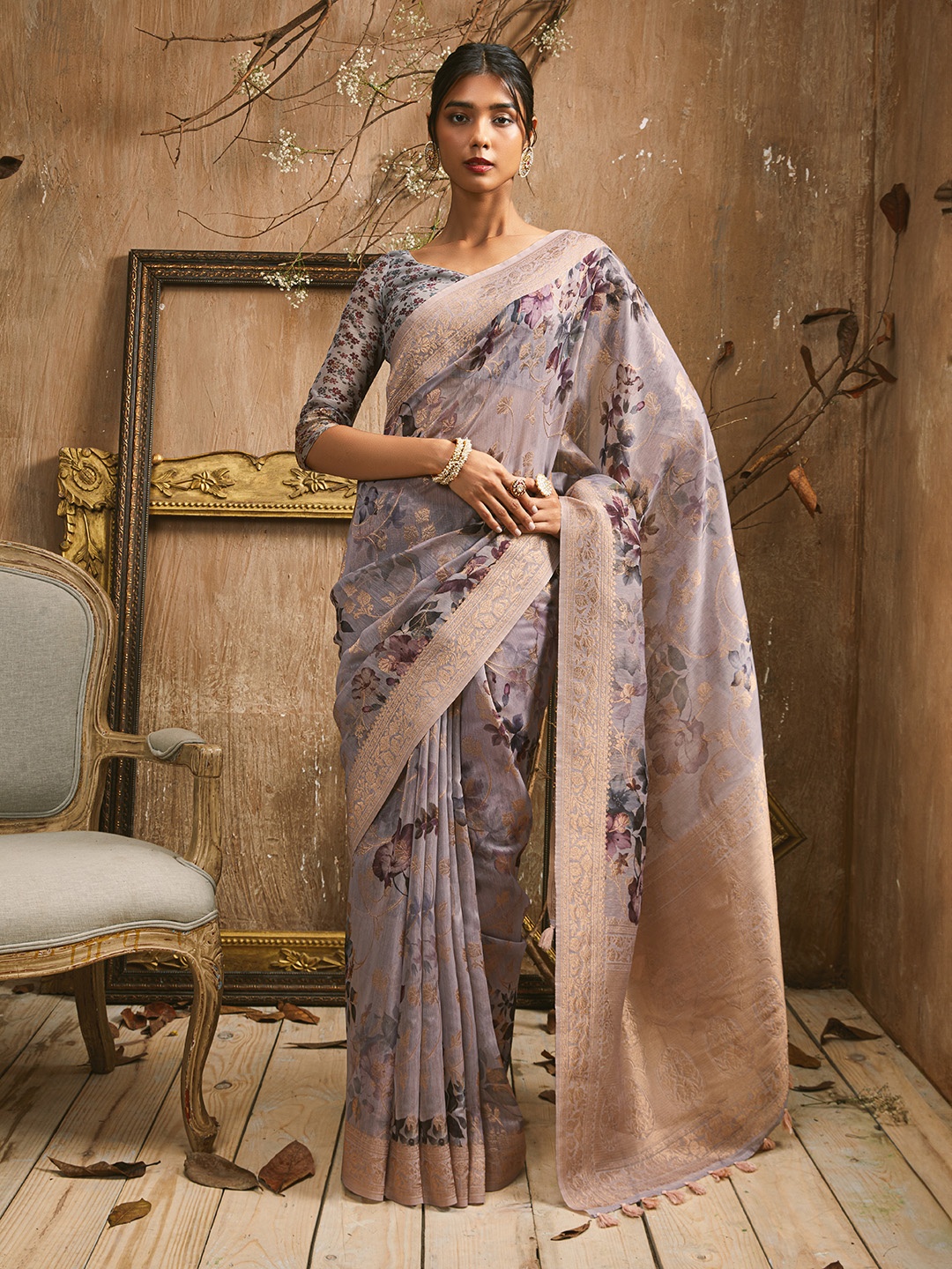 

Soch Floral Printed Zari Tussar Saree, Grey