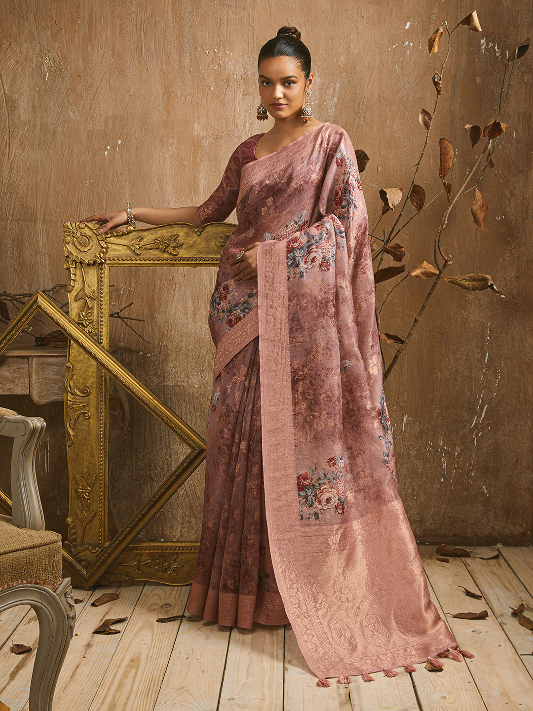 

Soch Floral Printed Zari Tussar Saree, Pink