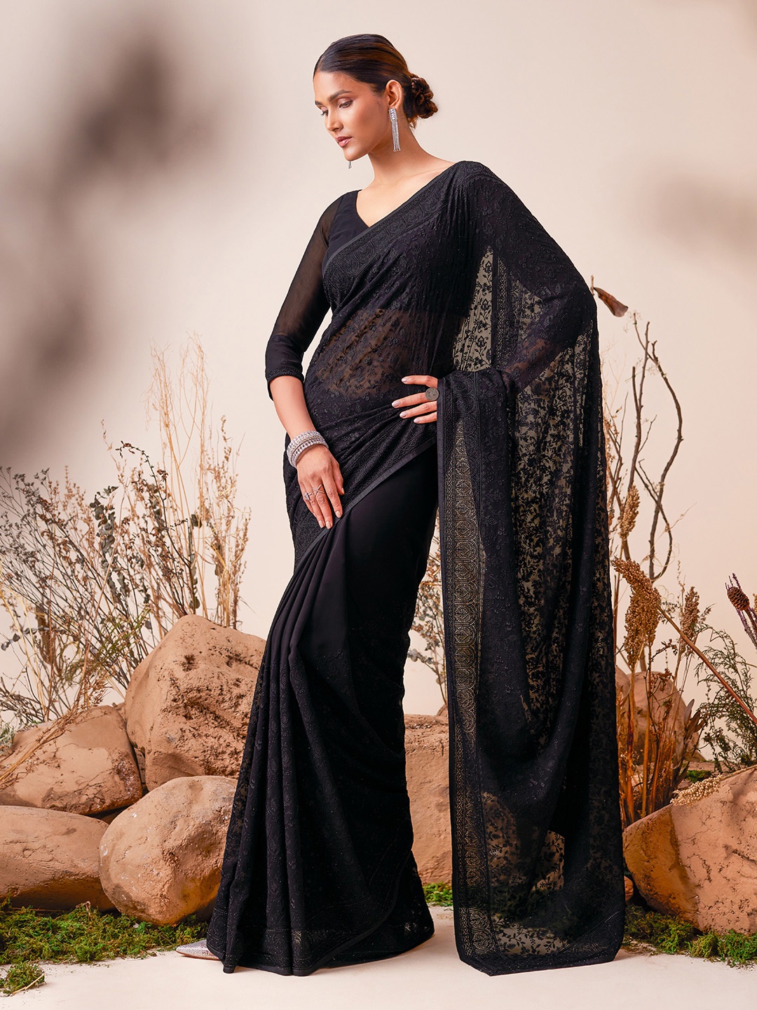 

Soch Floral Embroidered Stone Work Saree, Black