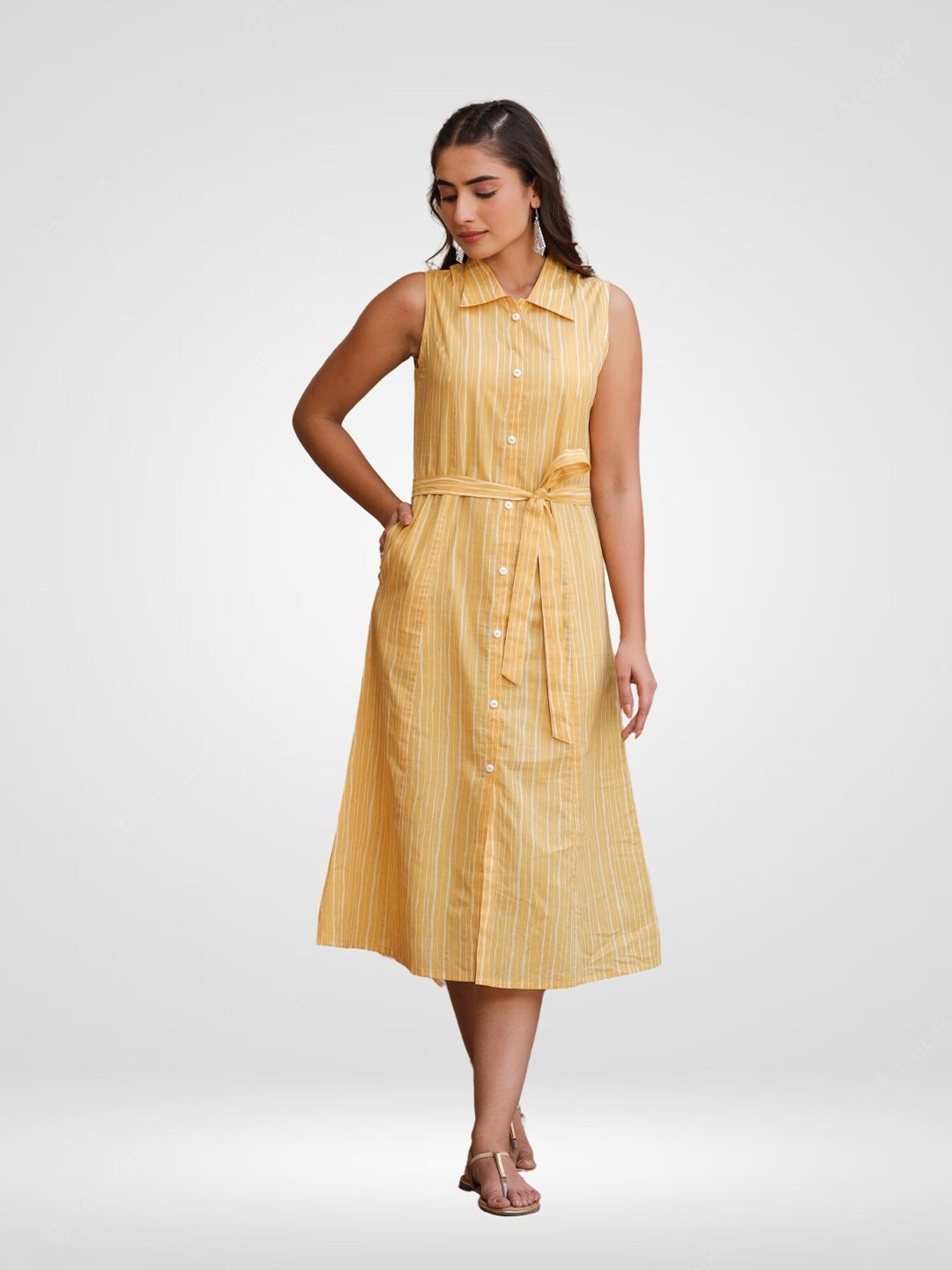 

SANIHARA Striped Shirt Collar Shirt Midi Dress, Yellow