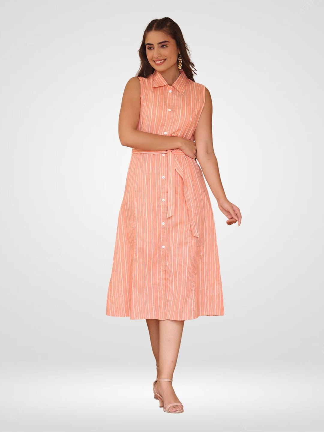 

SANIHARA Striped Cotton Shirt Style Midi Dress, Pink