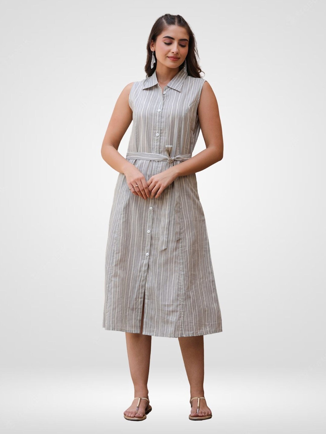 

SANIHARA Striped Cotton Shirt Style Midi Dress, Grey