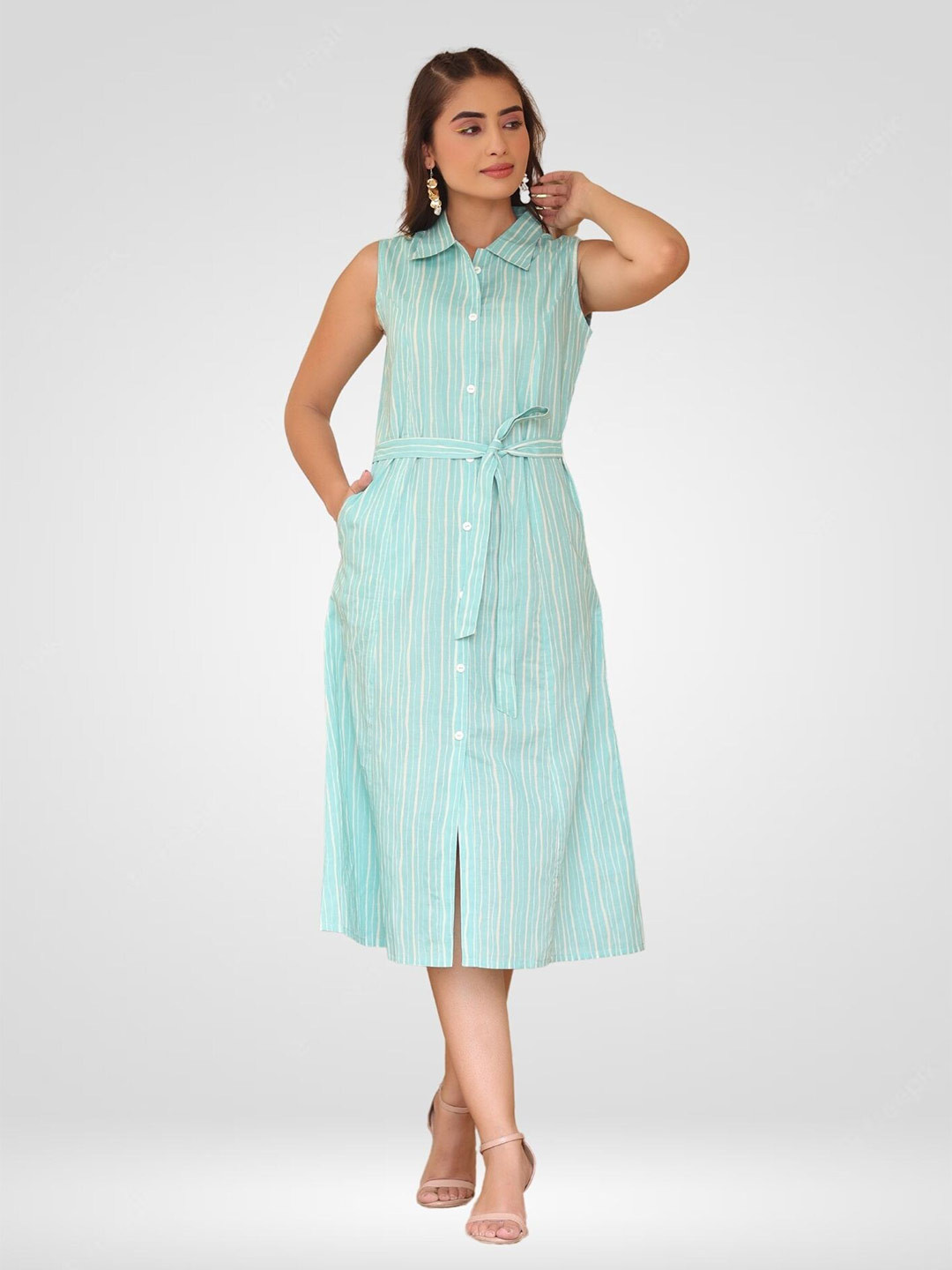

SANIHARA Striped Cotton Shirt Style Midi Dress, Green