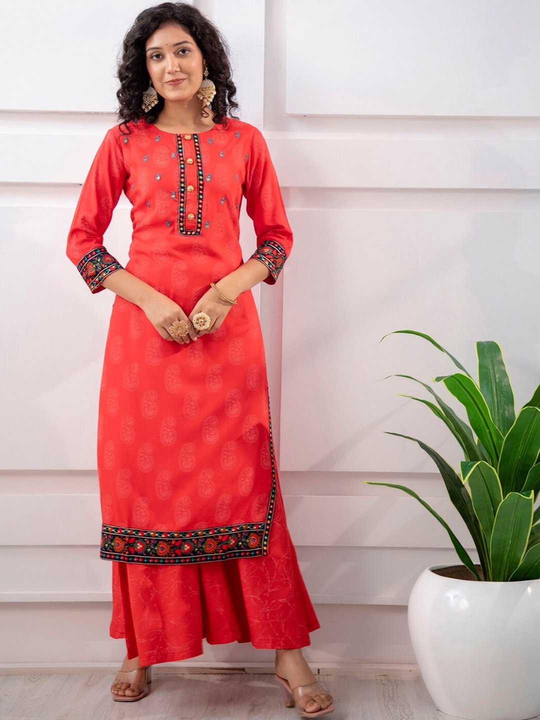 

KALINI Paisley Printed Regular Sequinned Kurta with Palazzos, Red