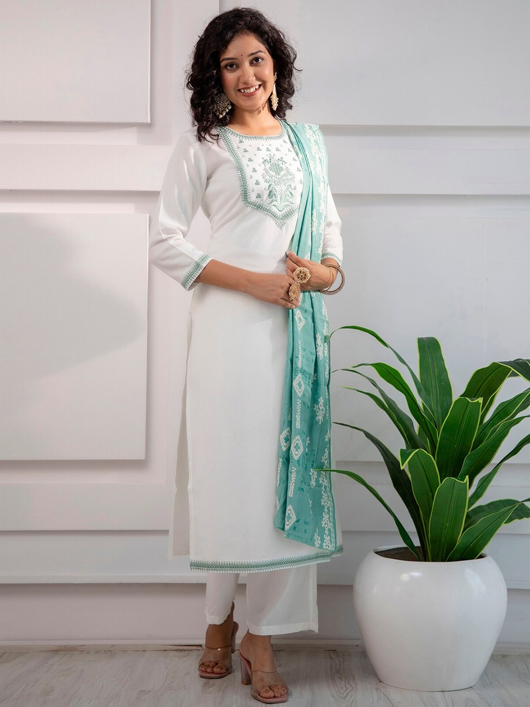 

KALINI Floral Yoke Design Mirror Work Straight Kurta With Palazzos & Dupatta, White