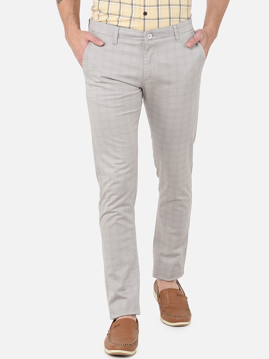 

MOZZO Men Slim Fit Checked Cotton Trousers, Grey