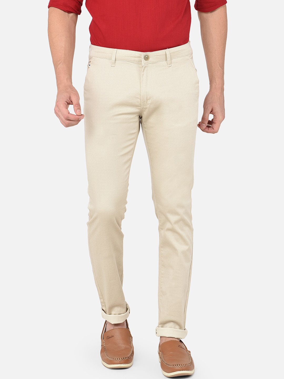 

MOZZO Men Mid-Rise Slim Fit Trousers, Beige