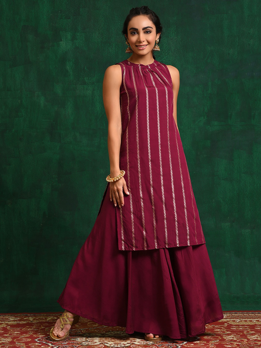 

AKS Couture Striped Woven Design Chanderi Silk Kurta With Skirt, Burgundy