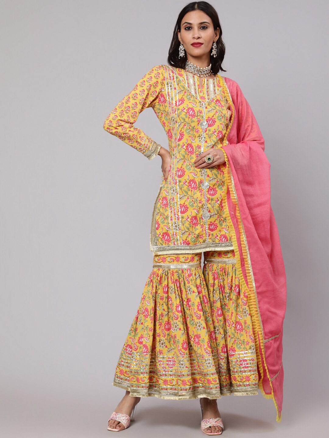 

AKS Couture Ethnic Motifs Printed Pure Cotton Straight Kurta With Sharara & Dupatta, Yellow