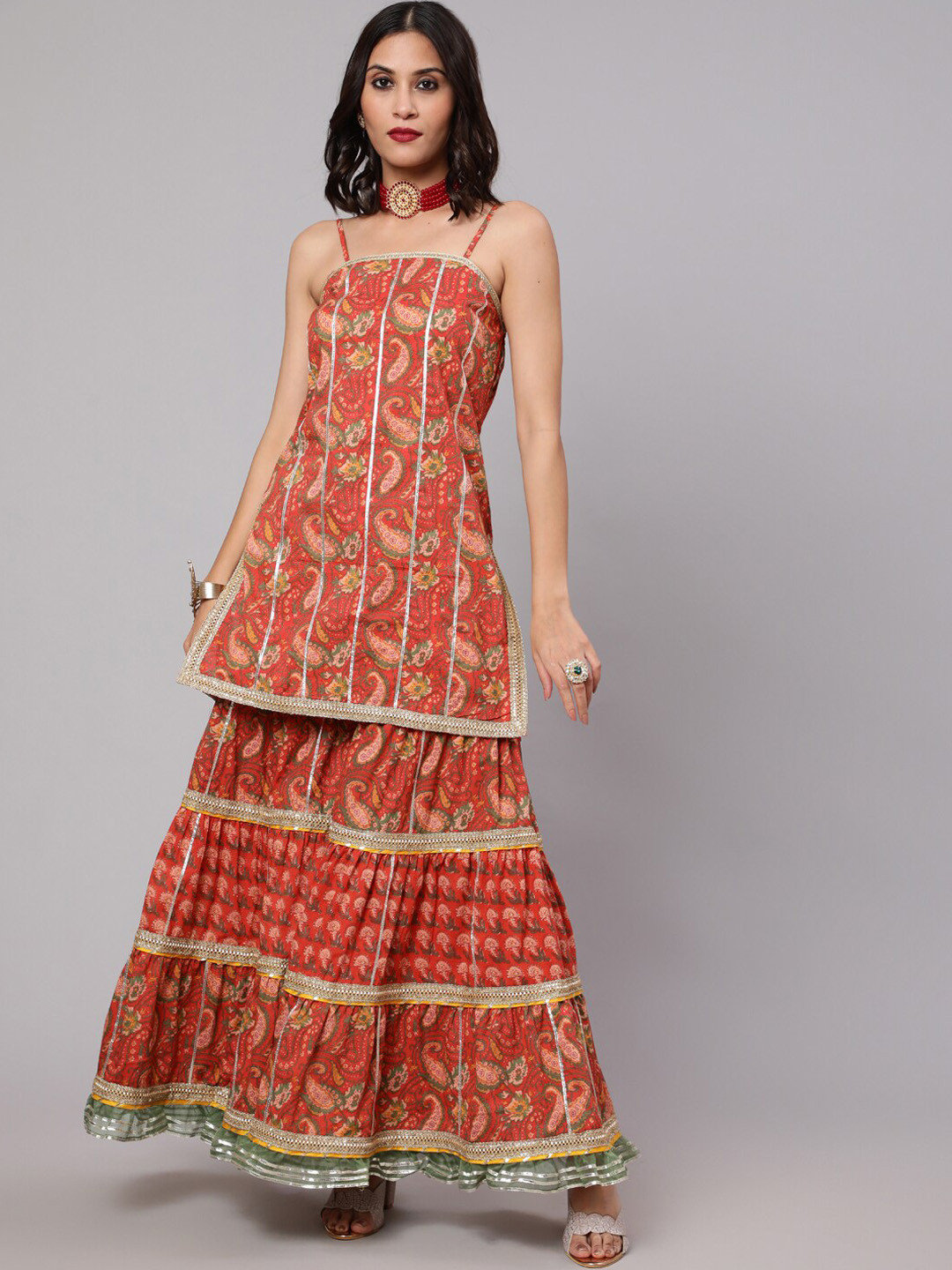 

AKS Couture Paisley Printed Gotta Patti Cotton Kurta & Sharara With Jacket & Potali Bag, Red