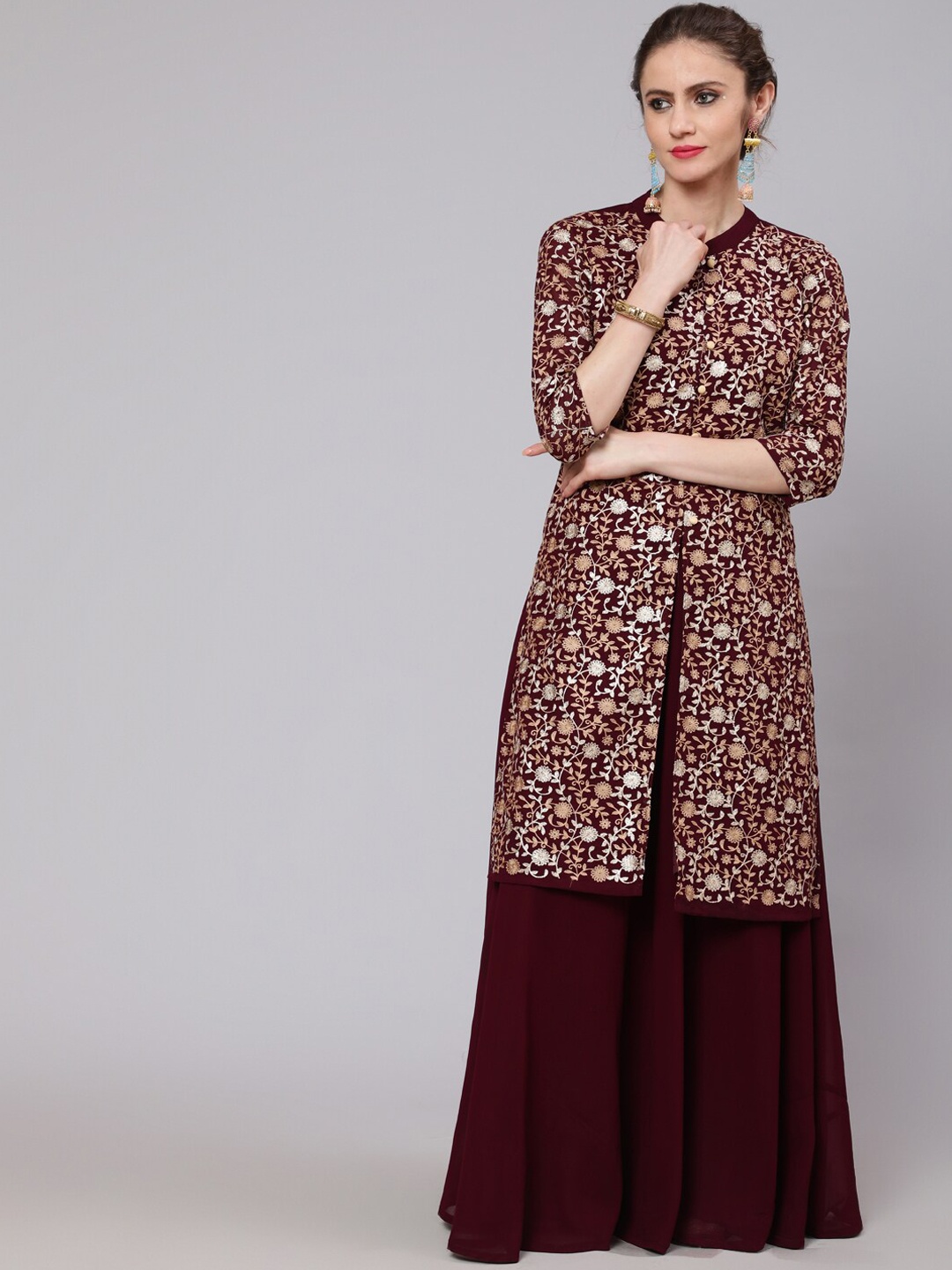 

AKS Couture Floral Embroidered Regular Aari Work Kurta with Sharara, Burgundy