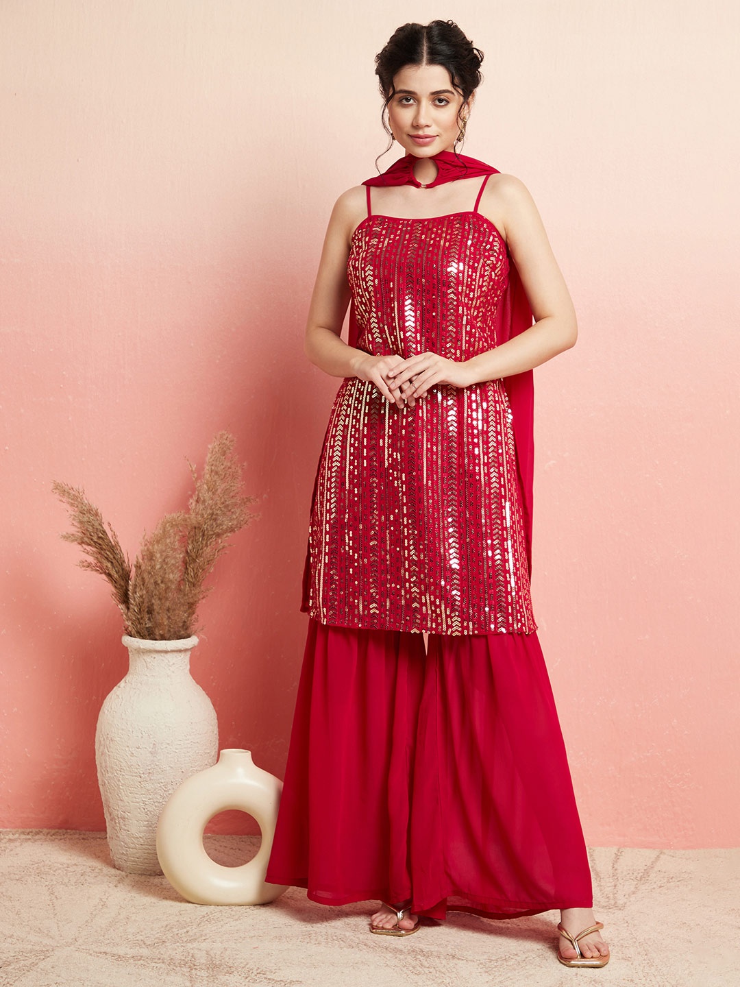 

AKS Couture Ethnic Motifs Embroidered Sequinned Kurta With Sharara & Dupatta, Magenta