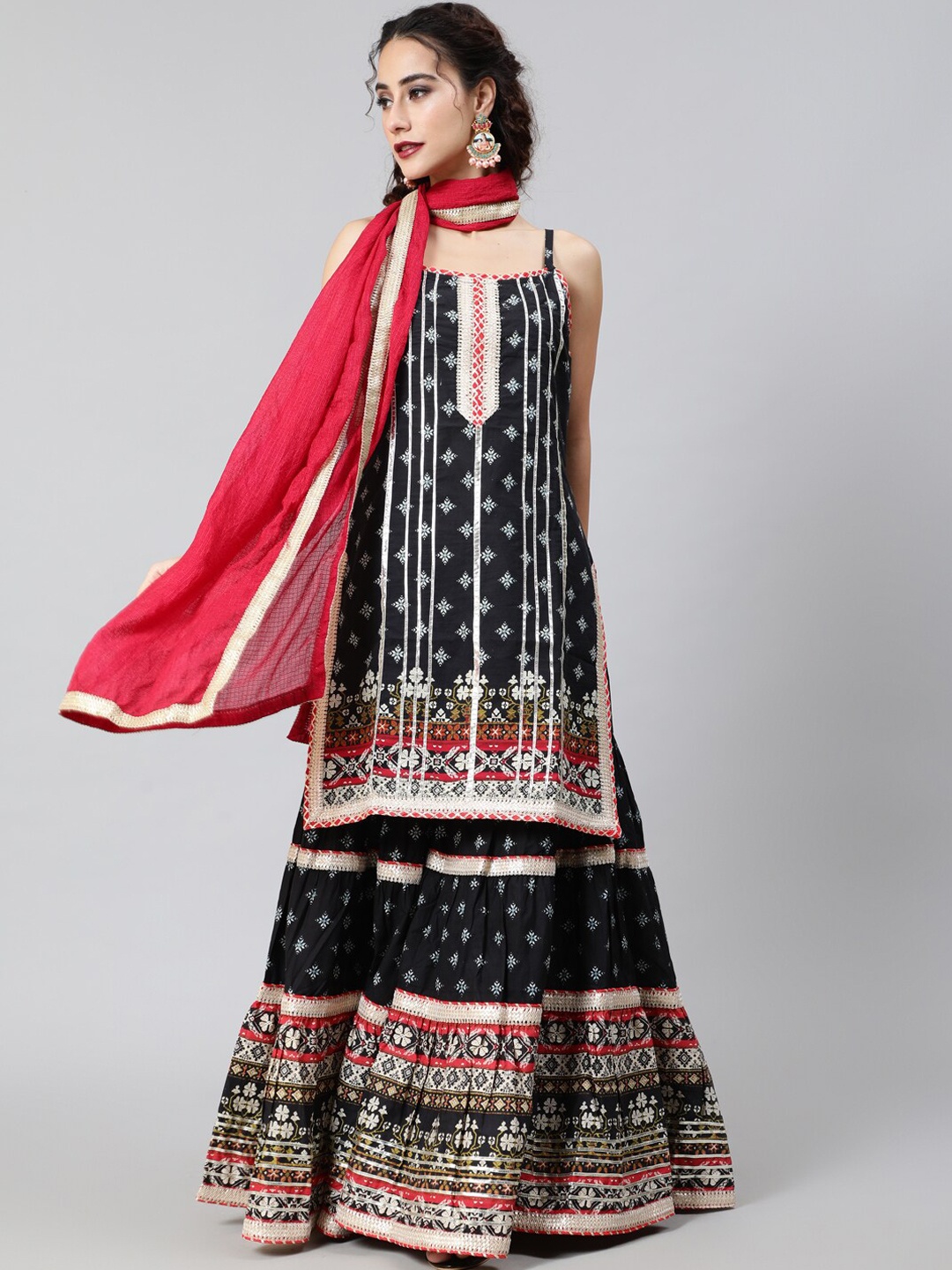 

AKS Couture Ethnic Motifs Printed Gotta Patti Pure Cotton Kurta With Sharara & Dupatta, Black