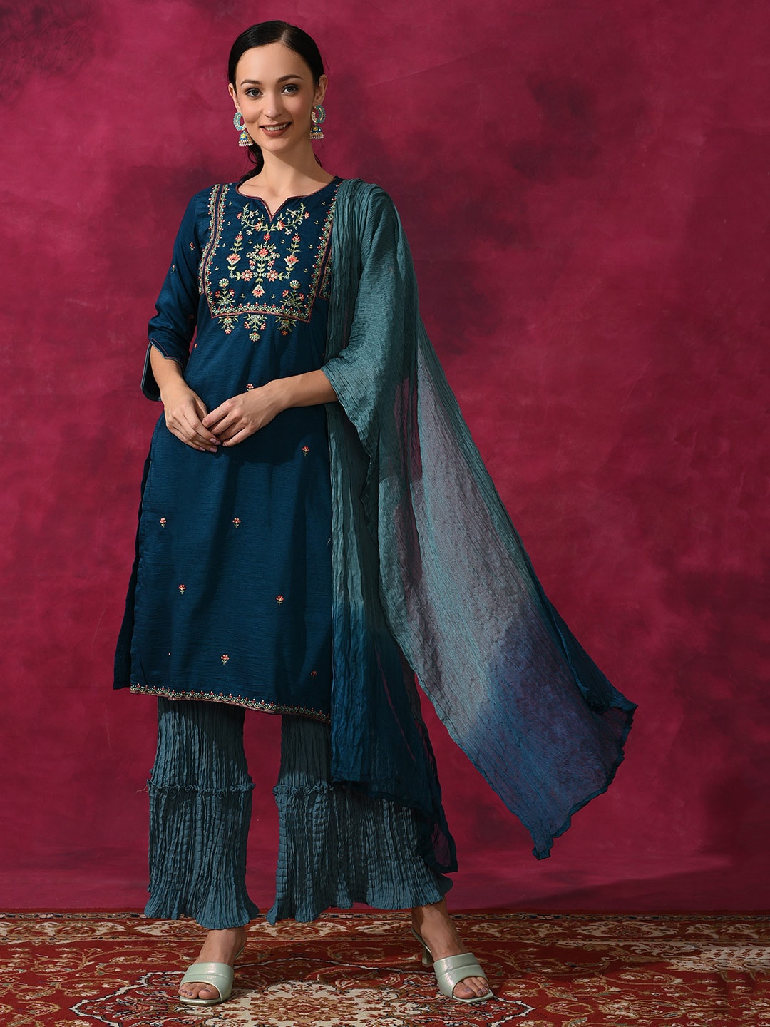 

AKS Couture Women Ethnic Motifs Embroidered Kurta with Sharara & With Dupatta, Blue