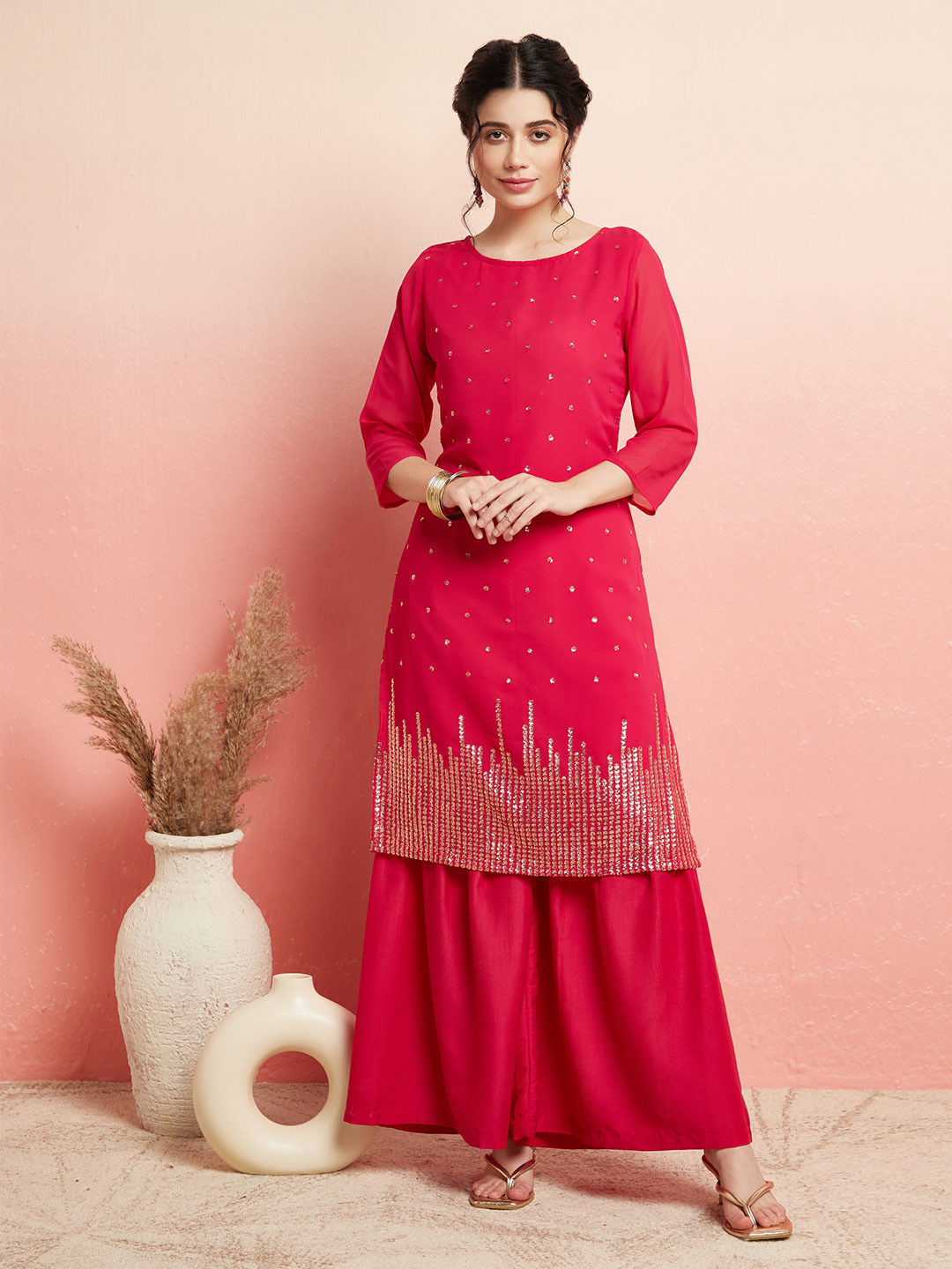 

AKS Couture Floral Embroidered Sequinned Kurta With Sharara, Pink