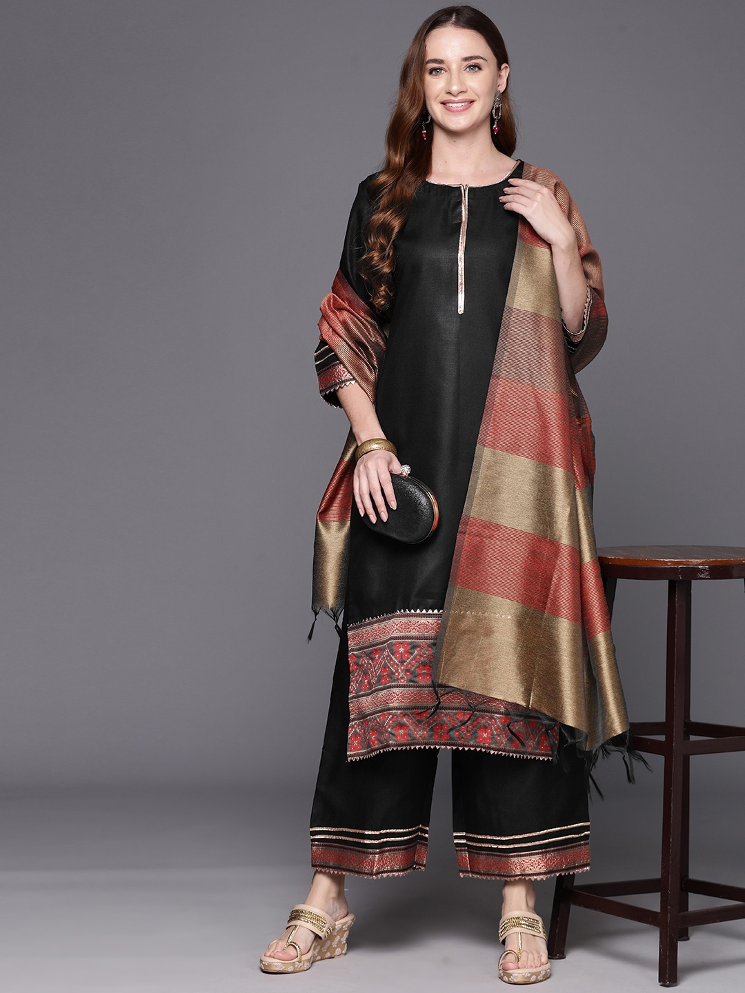 

Indo Era Women Ethnic Motifs Regular Gotta Patti Liva Kurta with Palazzos & With Dupatta, Black