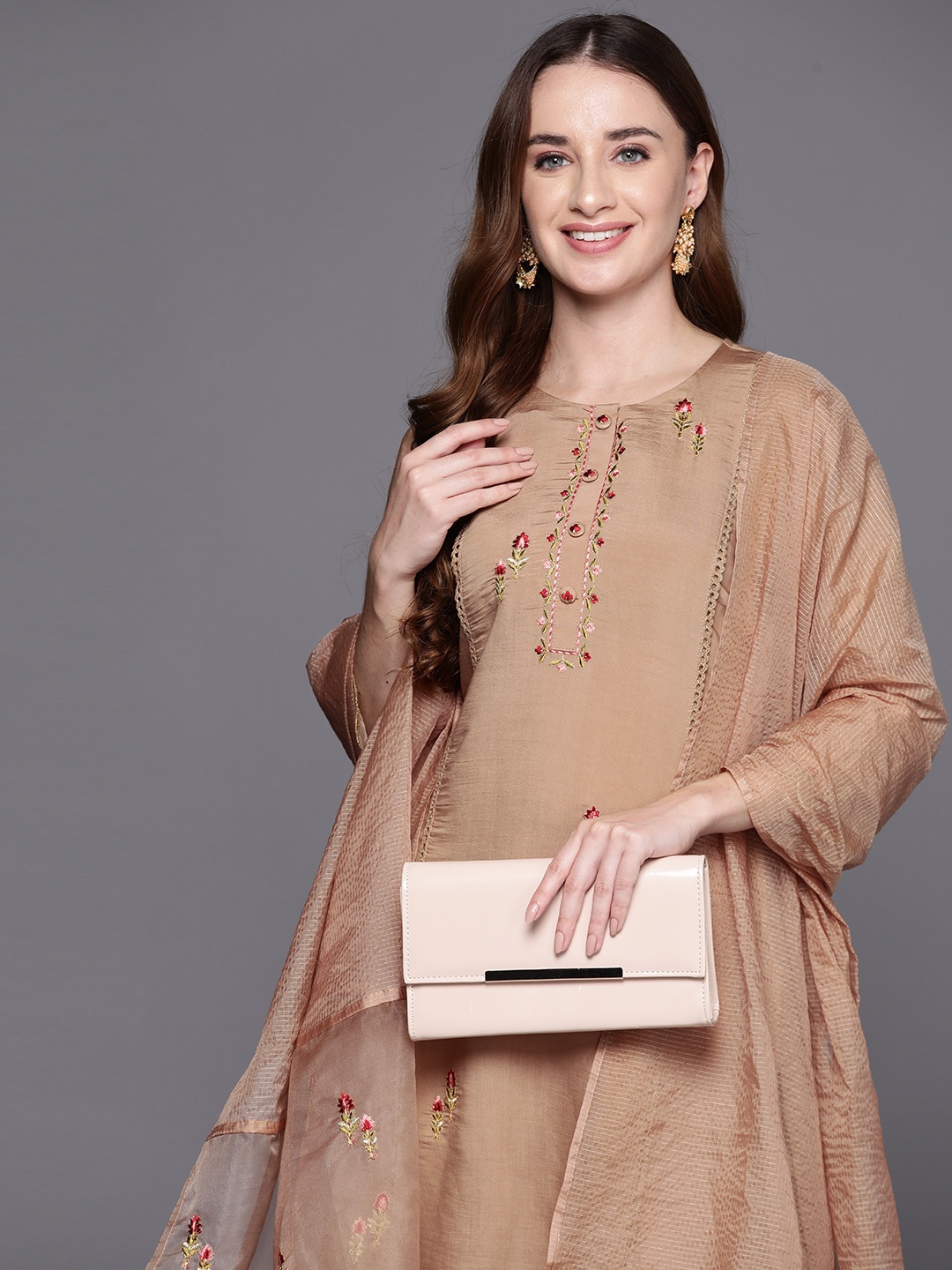 

Indo Era Women Floral Embroidered Panelled Thread Work Kurta with Trousers & With Dupatta, Beige