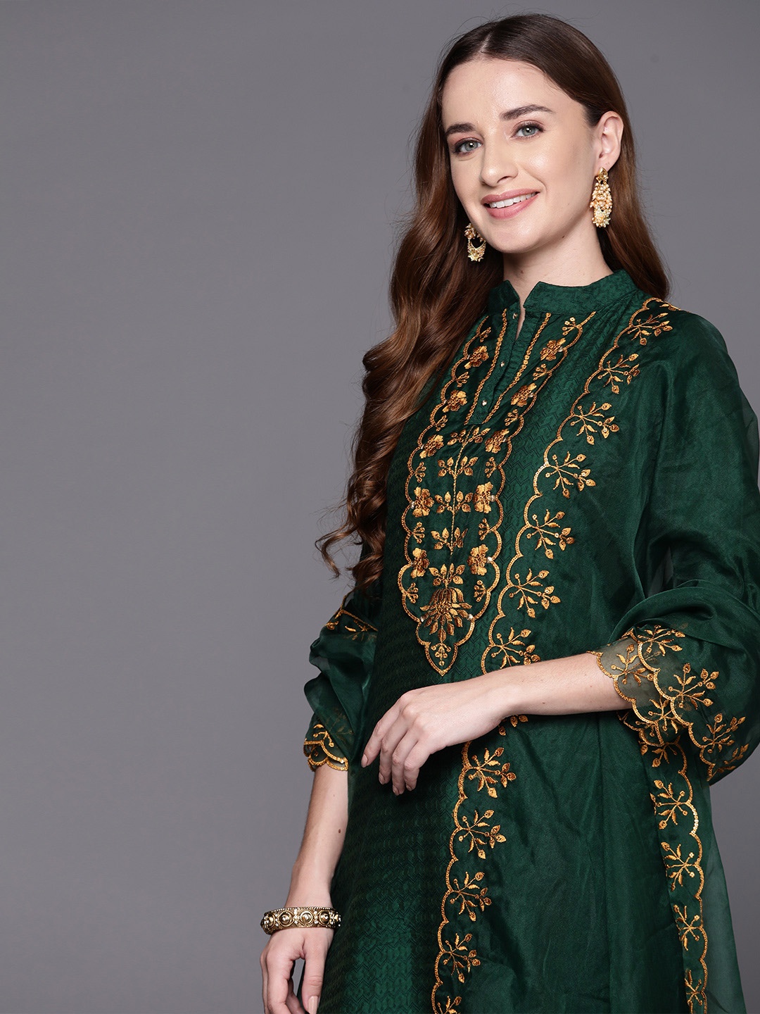 

Indo Era Women Ethnic Motifs Embroidered Regular Kurta with Trousers & With Dupatta, Green