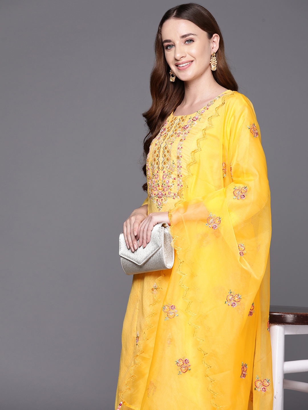 

Indo Era Women Floral Embroidered Regular Mirror Work Kurta with Trousers & With Dupatta, Mustard