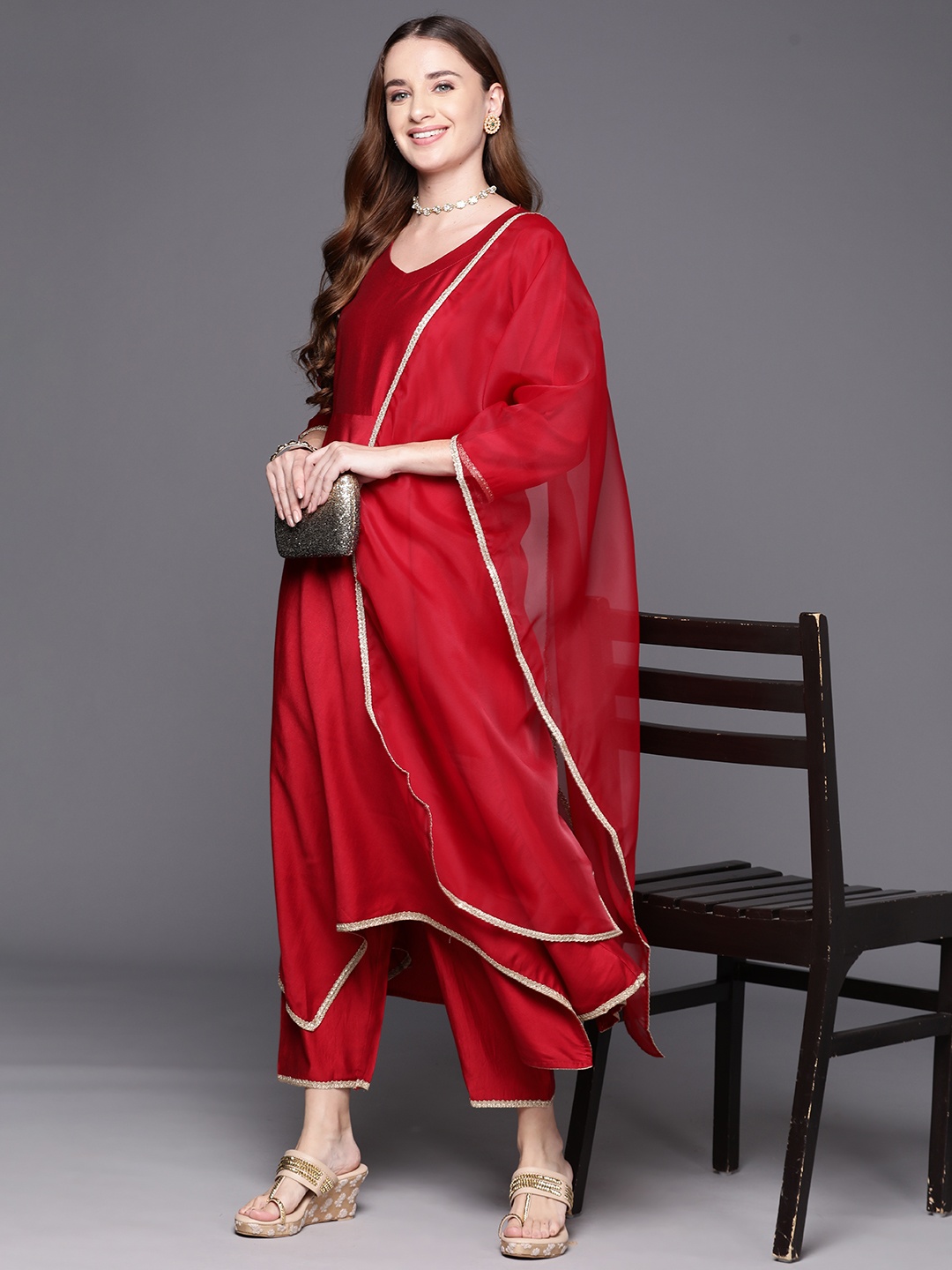 

Indo Era Empire Liva Kurta with Trousers & Dupatta, Red