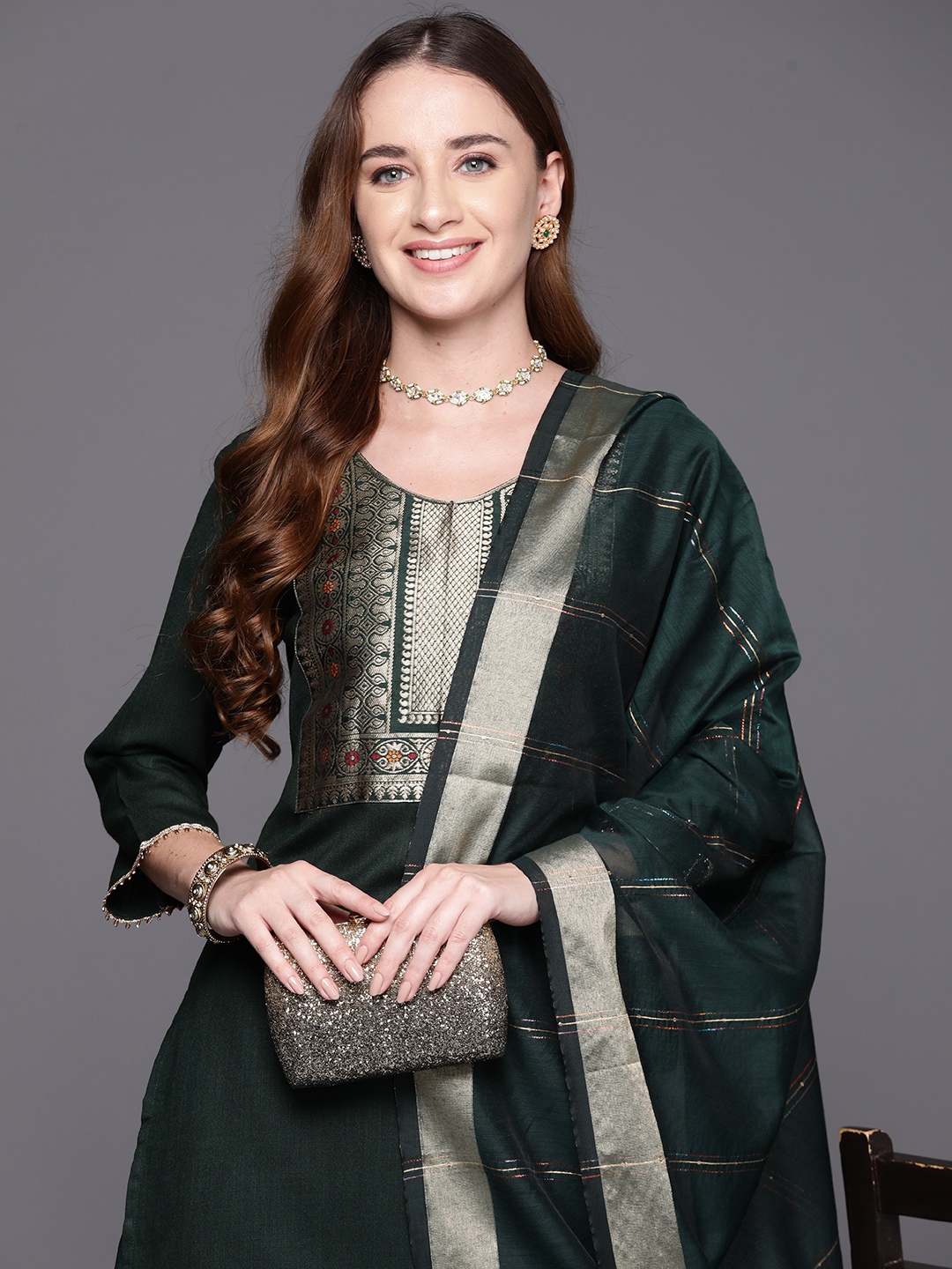 

Indo Era Ethnic Motifs Regular Kurta with Palazzos & Dupatta, Green