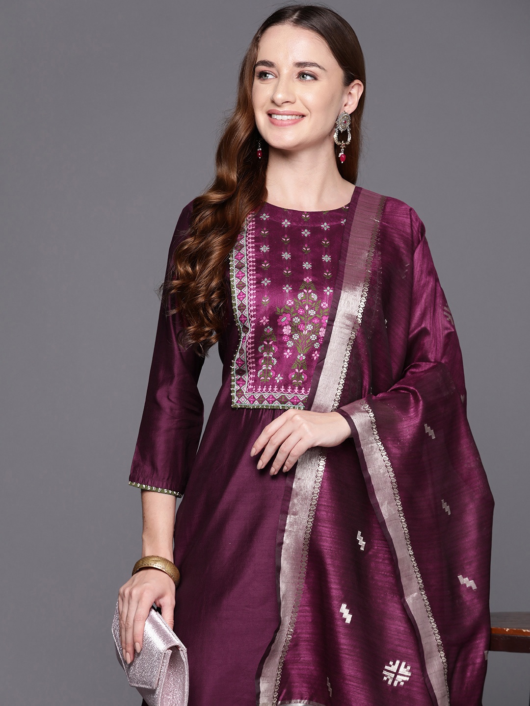 

Indo Era Women Floral Yoke Design Regular Liva Kurta with Palazzos & With Dupatta, Purple