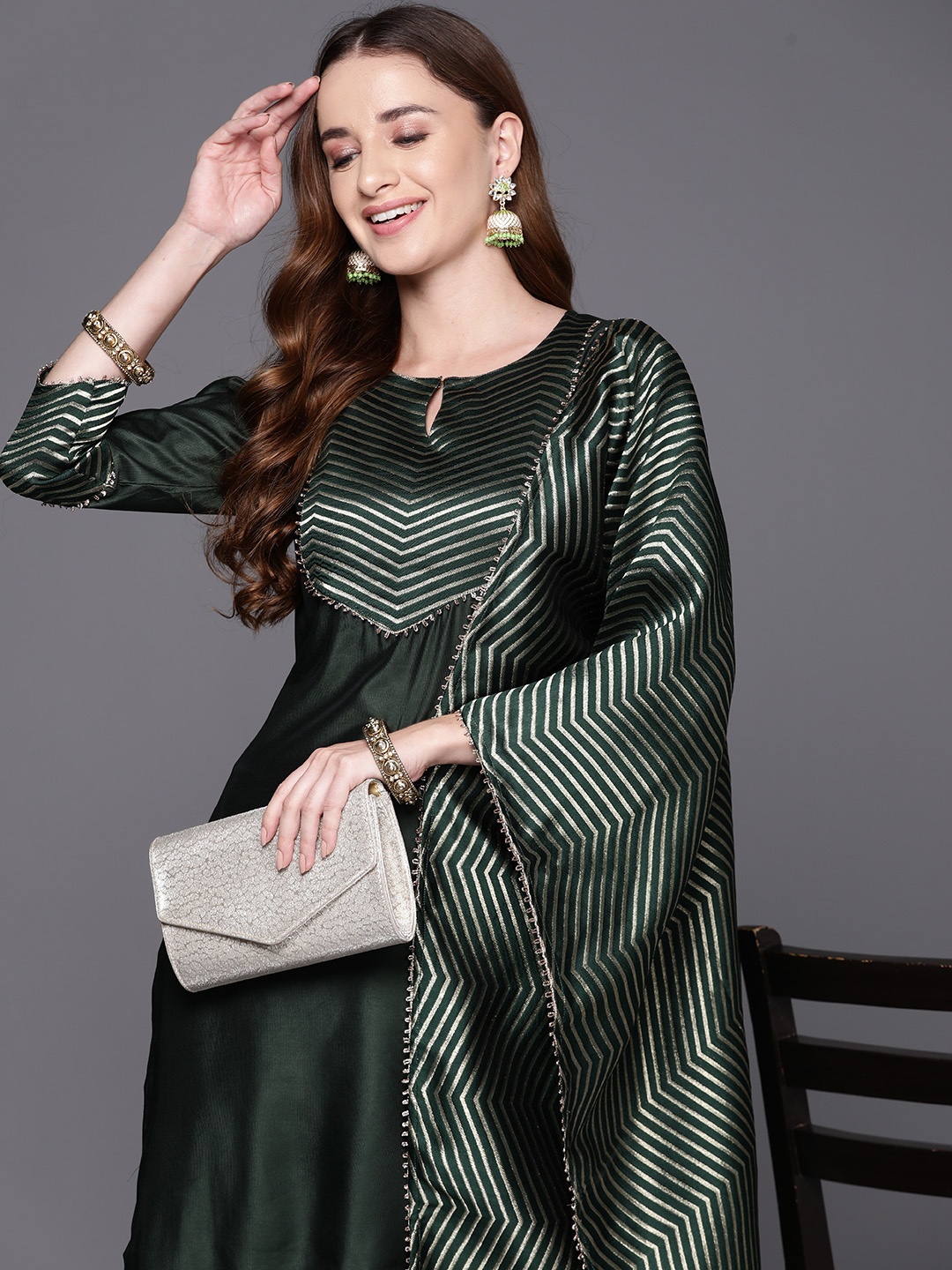 

Indo Era Women Yoke Design Regular Kurta with Palazzos & With Dupatta, Green