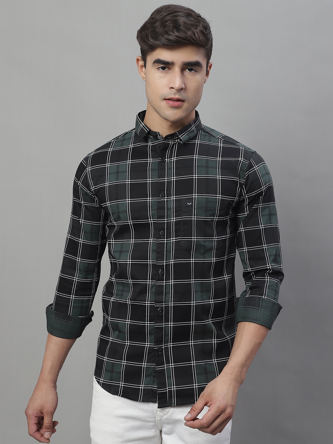 

Majestic Man Standard Slim Fit Tartan Checks Pure Cotton Checked Casual Shirt, Green